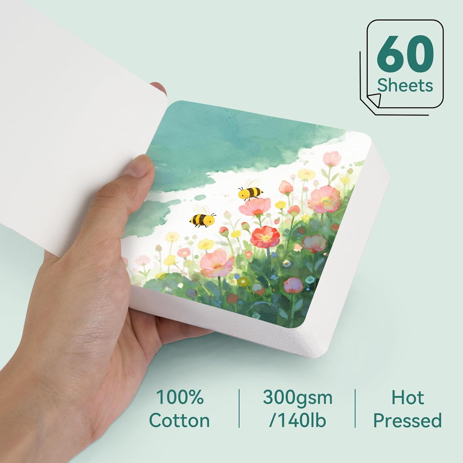 Lightwish 60 Sheets Mini Watercolor Sketchbook 3.5 x 3.5 inch Hot Press 300gsm/140lb, Travel Size Portable Tearable Square Painting Notebook, Square Watercolor Sketch Book Art Paper Sketchbook