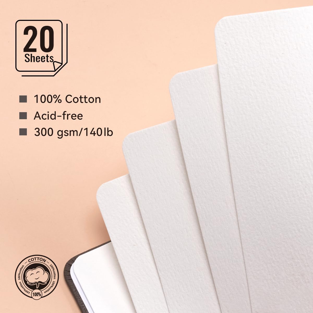 Lightwish Square Watercolor Journal, 100% Cotton Cold Press Watercolor Paper Sketchbook 7.48”x 7.48”, 20 Sheets (140lb/300gsm), Acid-Free for Watercolors, Gouache, Acrylics