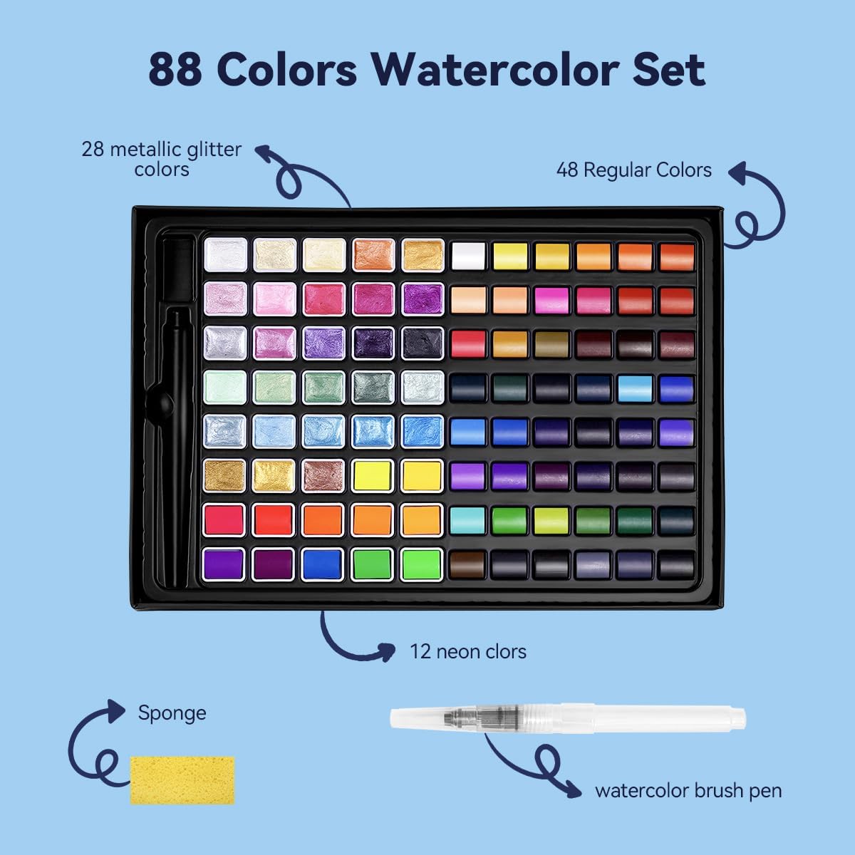 Watercolor Paint Set -88 Colors Water colors Paint Set(48 regular colors, 28 metallic colors and 12 fluorescent colors)