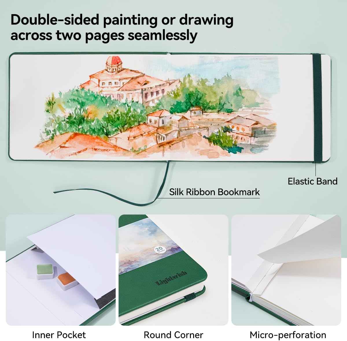 Lightwish Watercolor Journal, 100% Cotton Hot Press Art Supplies Watercolor Paper7.6” x 5.1”, 20 Sheets (140lb/300gsm), Acid-Free for Watercolors, Gouache, Acrylics