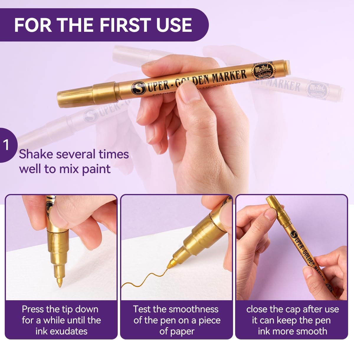 Steps for using acrylic markers for the first time: shake serveral times well to mix paint then create a shiny pattern with gold metallic markers on an acrylic surface.