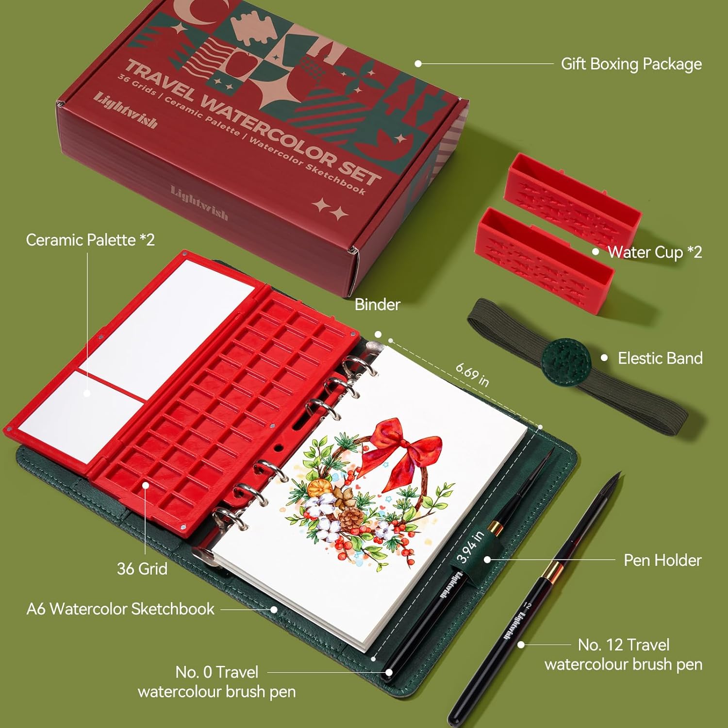 Portable Watercolor Sketchbook Set - 100% Cotton Cold-Pressed 6.7x3.9 Inch Loose-Binder Art Journal with 36 Ceramic Paint Palettes and 2 Travel Water Brushes, Perfect for Artists Painting Outdoors