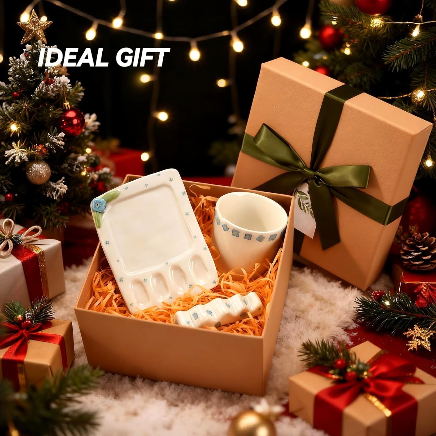 Handmade ceramic paint palette set, artist's ceramic watercolor palette, brush holder and paint cups