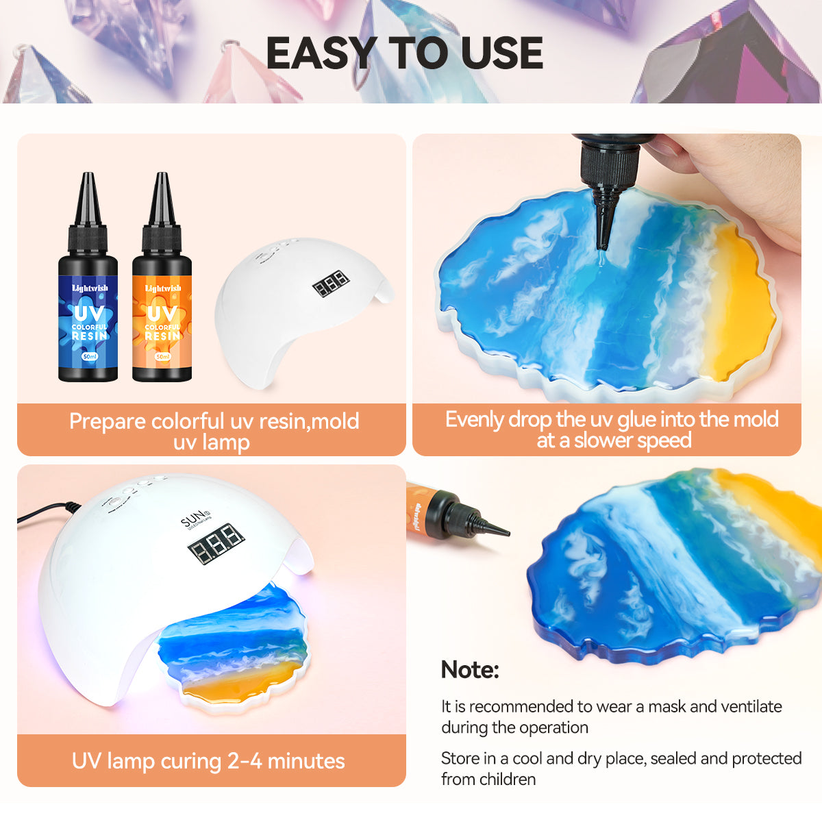 Step-by-step instructions on how to apply and cure UV resin for easy crafting at home.