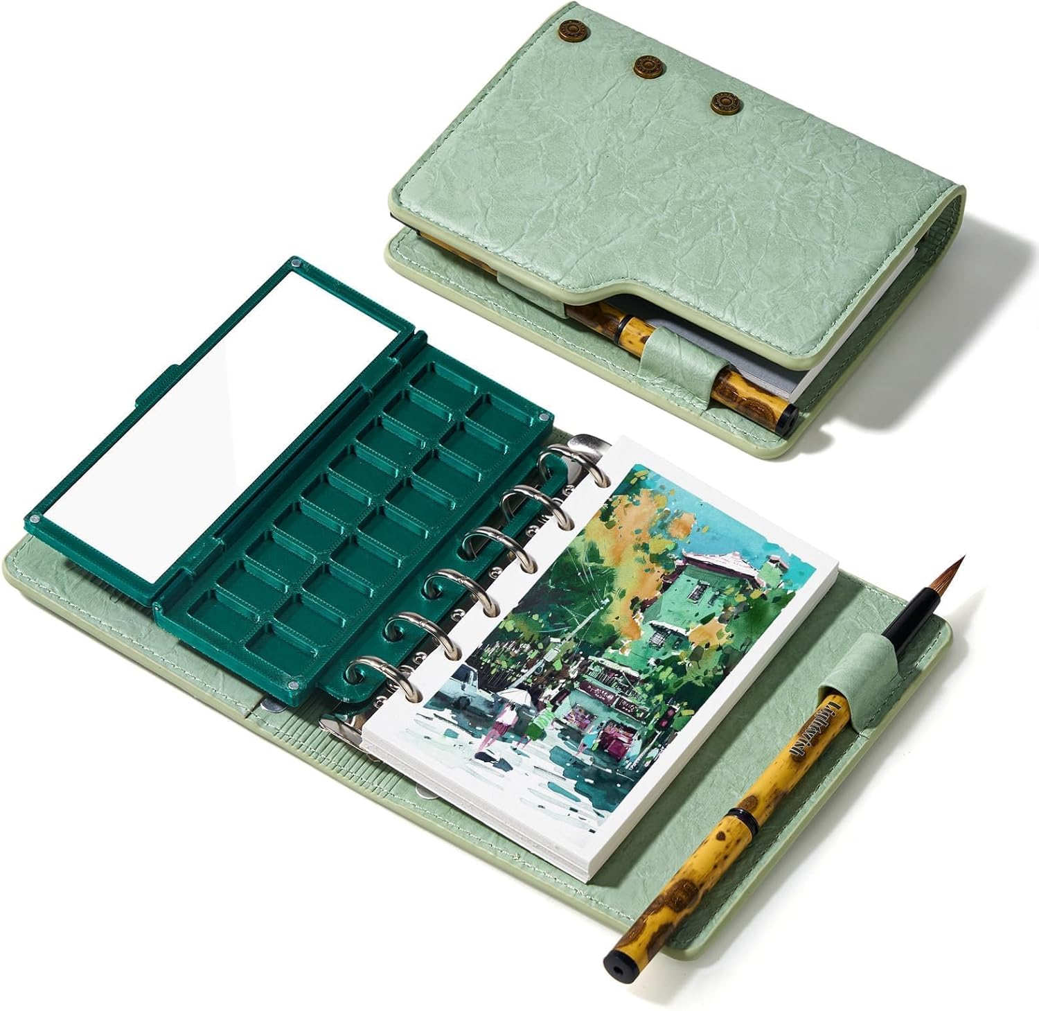 Portable Watercolor Sketchbook Set - 100% Cotton 5.1x3.0 Inch Hot Press 20 Sheets Binder Art Journal with 18-Well Ceramic Paint Palette & Travel Watercolor Brushes for Artists Outdoor Painting