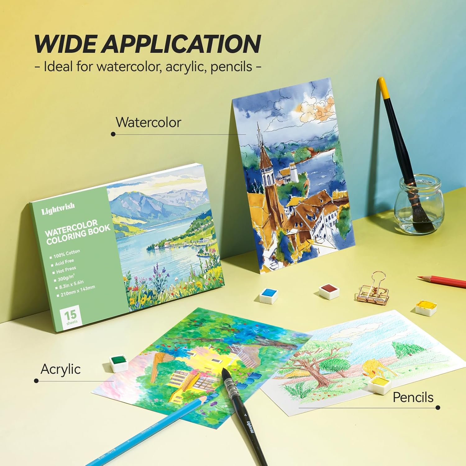 Lightwish Watercolor Coloring Book for Adults & Beginners,100% Cotton 300gsm/140lb Acid-Free Hot Press Paper, 8.3 x 5.6 Inches,15 Sheets,Landscape-Themed