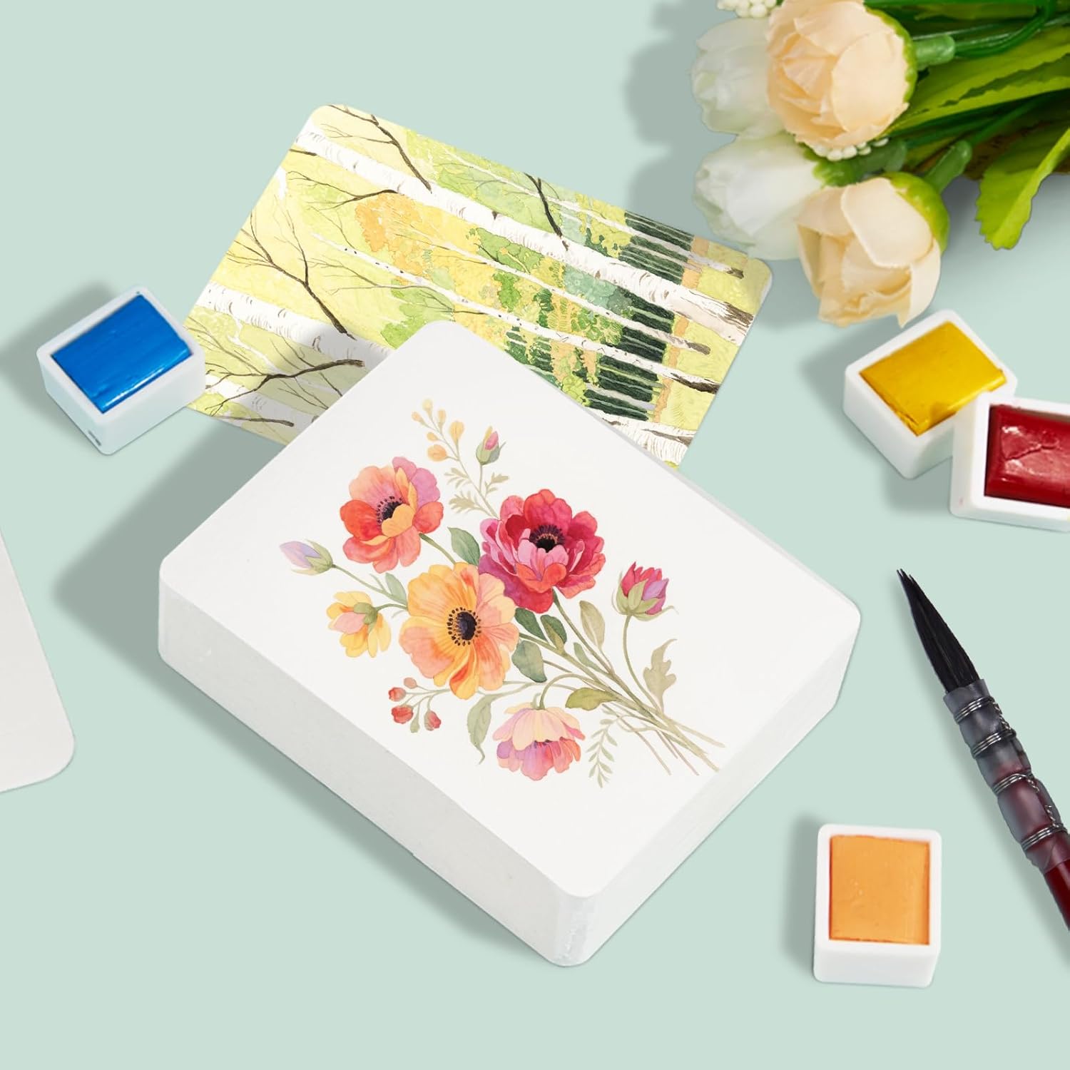 Lightwish 60 Sheets Mini Watercolor Sketchbook 2.6 x 3.3 inch Hot Press 300gsm/140lb, Travel Size Portable Tearable Square Painting Notebook, Square Watercolor Sketch Book Art Paper Sketchbook