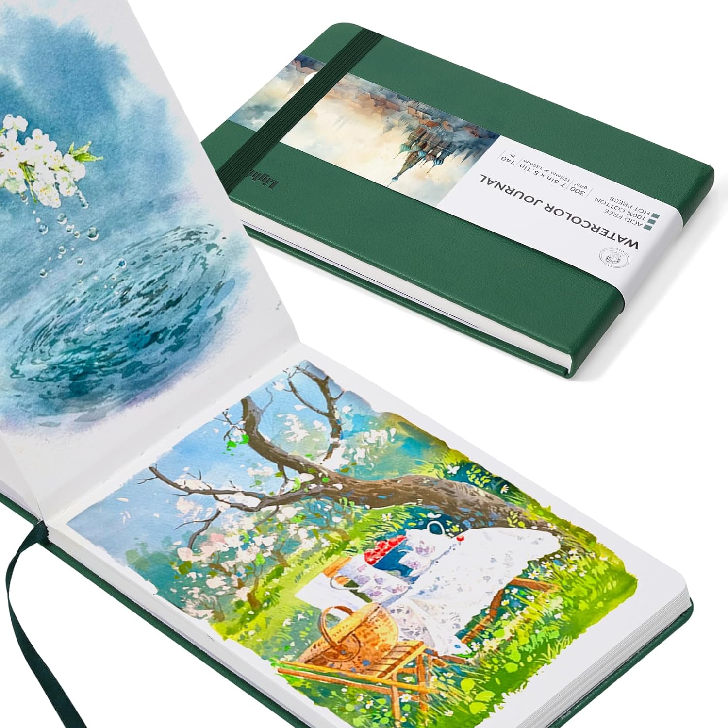 Lightwish Watercolor Journal, 100% Cotton Hot Press Art Supplies Watercolor Paper7.6” x 5.1”, 20 Sheets (140lb/300gsm), Acid-Free for Watercolors, Gouache, Acrylics