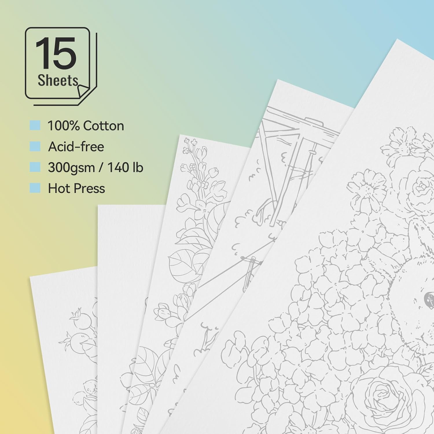 Lightwish Watercolor Coloring Book for Adults & Beginners, 100% Cotton 300gsm/140lb Acid-Free Hot Press Paper, 8.3 x 5.6 Inches, 15 Sheets, Floral-Themed