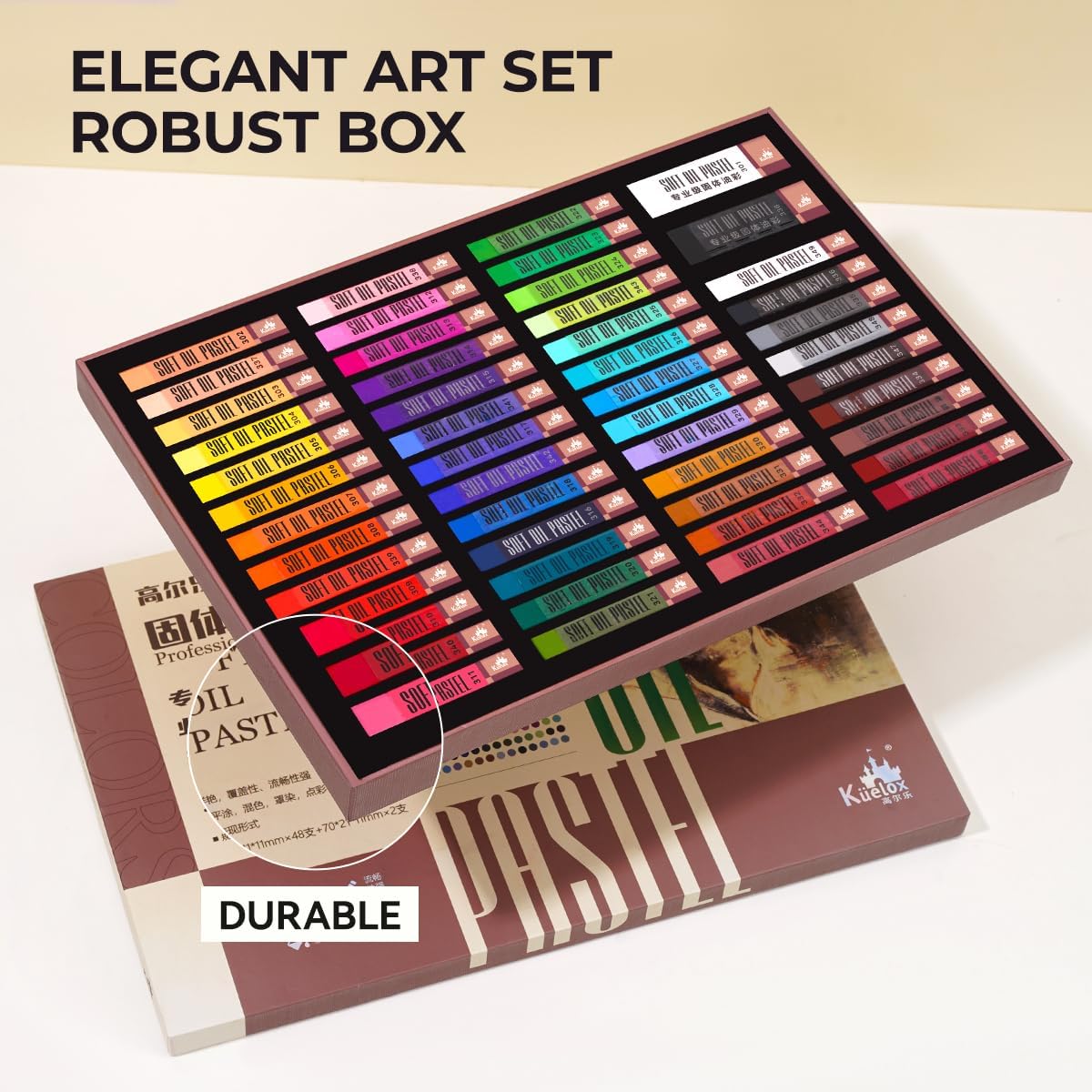 Colorful soft oil pastels neatly arranged in a stylish art set.