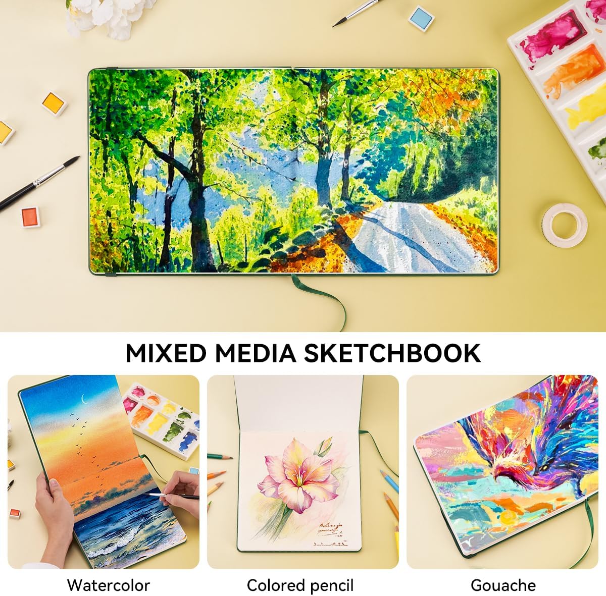 Lightwish Square Watercolor Journal, 100% Cotton Hot Press Watercolor Paper Sketchbook 7.48” x 7.48”, 20 Sheets (140lb/300gsm), Acid-Free for Watercolors, Gouache, Acrylics