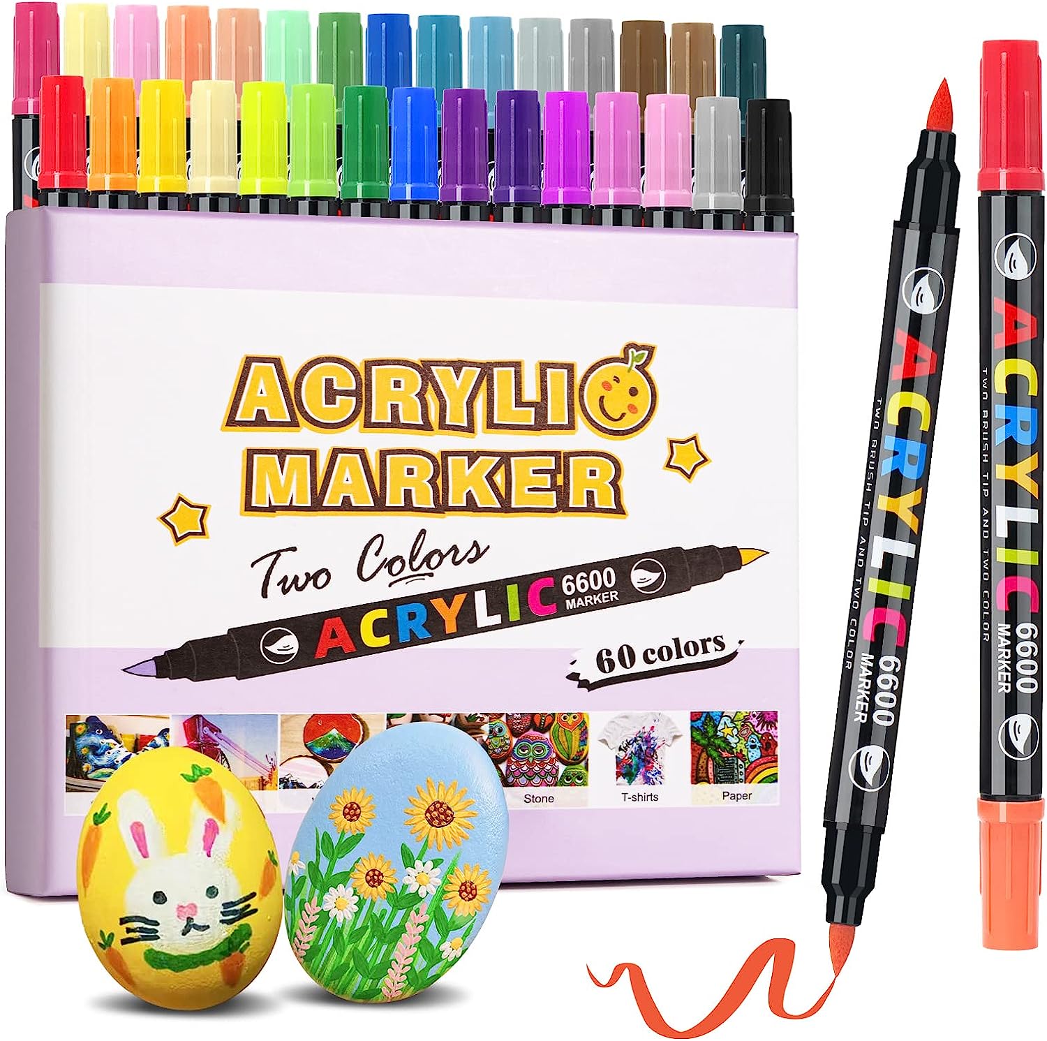 Lightwish 60 Colors Acrylic Paint Pens, Dual Brush Tip & Two Colors Acrylic Paint Markers