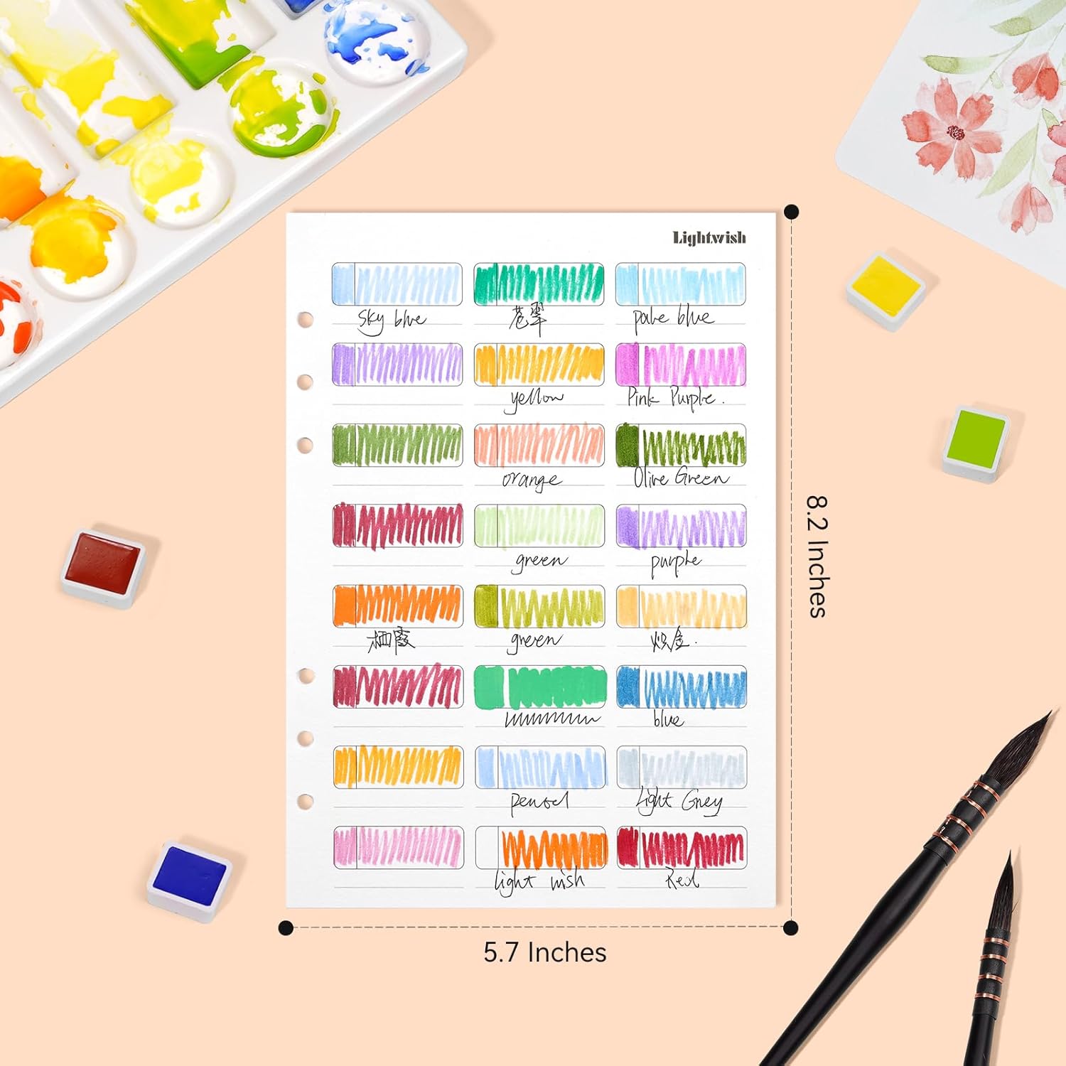 Lightwish Watercolor Swatch Paper Bulk - 100% Cotton Hot Press 300gsm/140lb, 2 Pack Total 40 Sheets 24 Spaces A5 Hole-Punched Replaceable Paper for Watercolor, Gouache, Oil Pastels,5.8 * 8.2 Inches