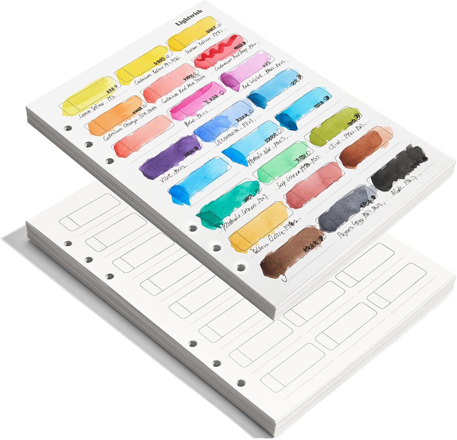 Lightwish Watercolor Swatch Paper Bulk - 100% Cotton Hot Press 300gsm/140lb, 2 Pack Total 40 Sheets 24 Spaces A5 Hole-Punched Replaceable Paper for Watercolor, Gouache, Oil Pastels,5.8 * 8.2 Inches
