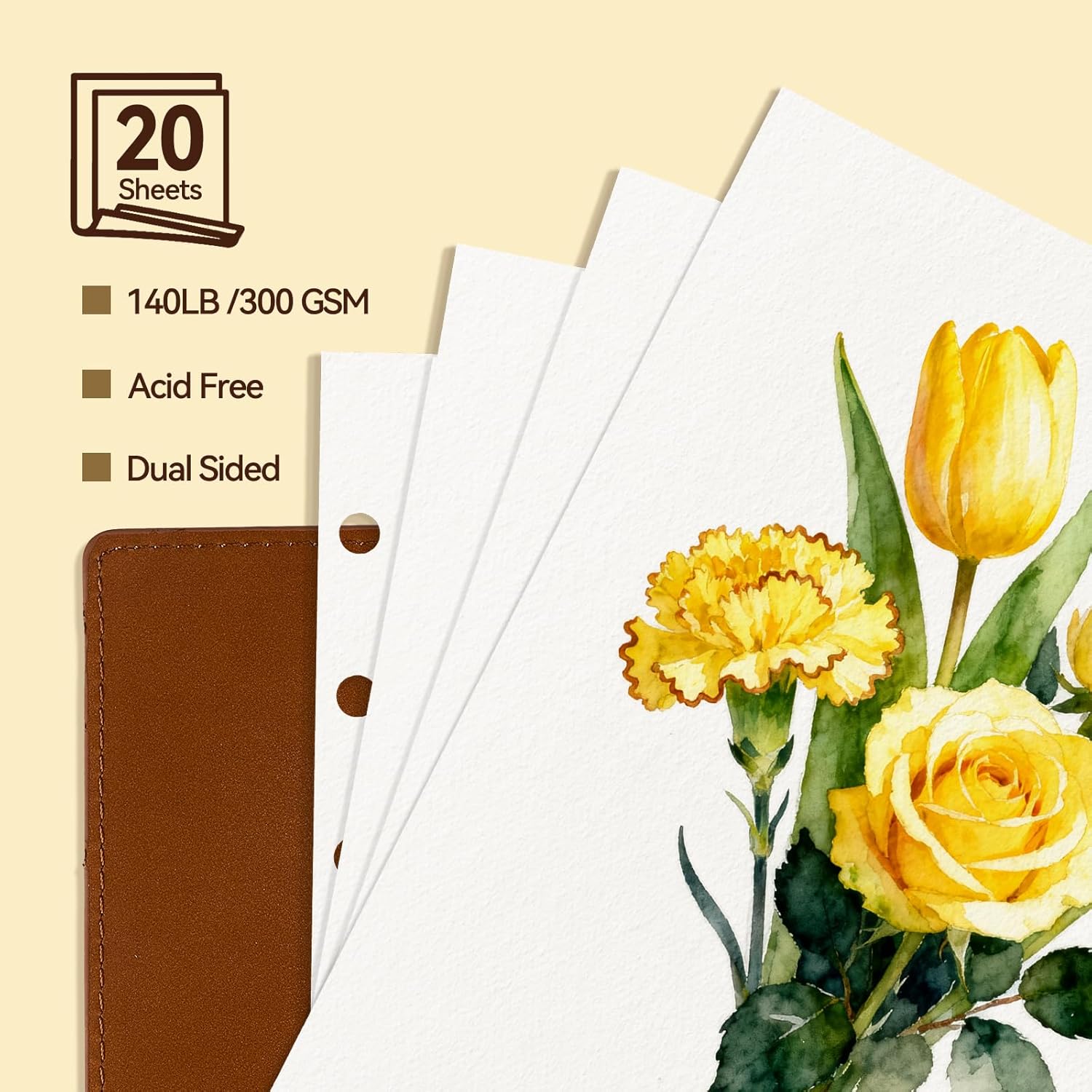 Lightwish Watercolor Sketchbook,100% Cotton Acid Free Watercolor Journal,300gsm/140lb Hot Press Watercolor Paper for Artists,Adults,Students,20 Sheets,5.8 * 8.2 Inches Paper