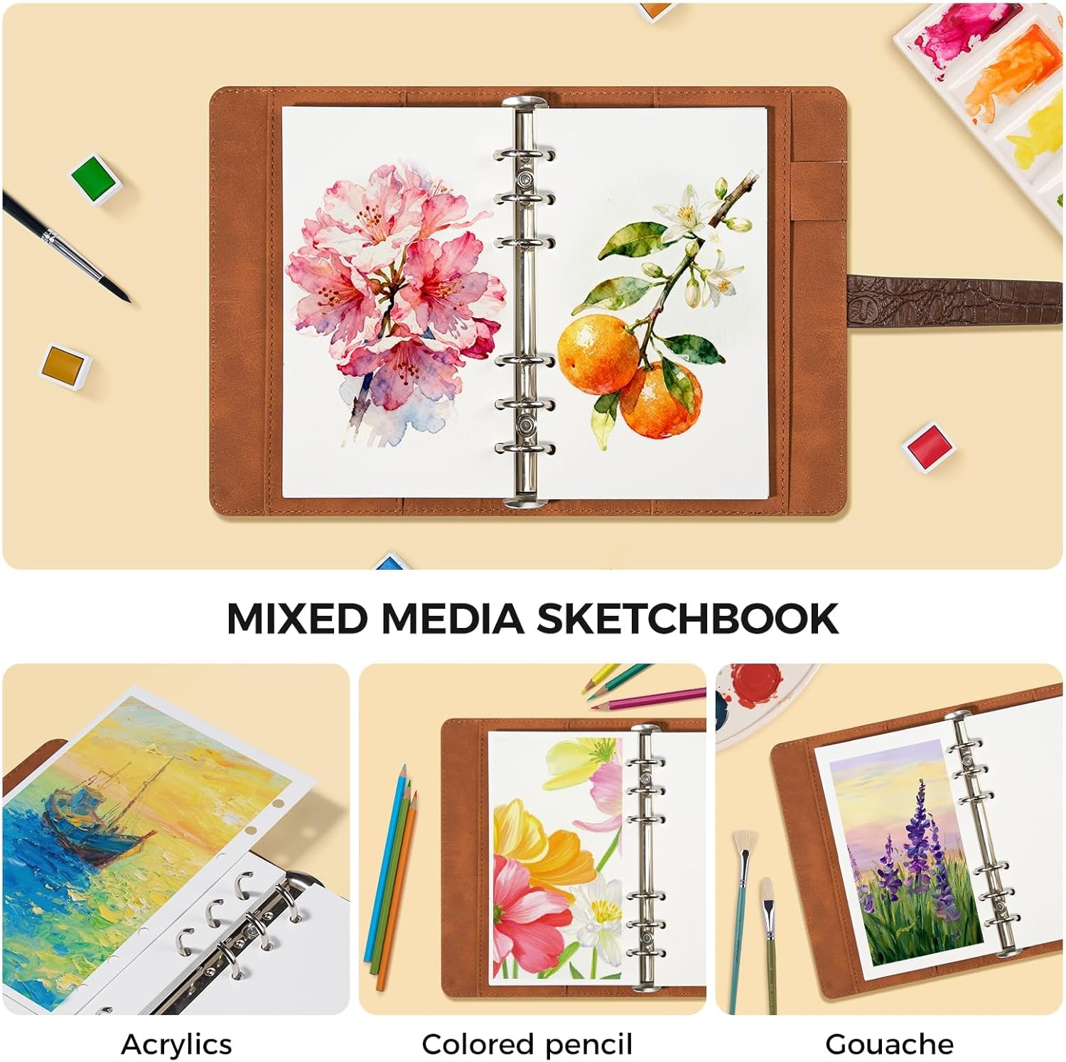 Lightwish Watercolor Sketchbook 100% Cotton, 300gsm (140lb) - 6.69" x 3.94" Hot Press Watercolor Paper Journal Notebook - 20 Sheets with PU Leather Cover for Drawing Mixed Media