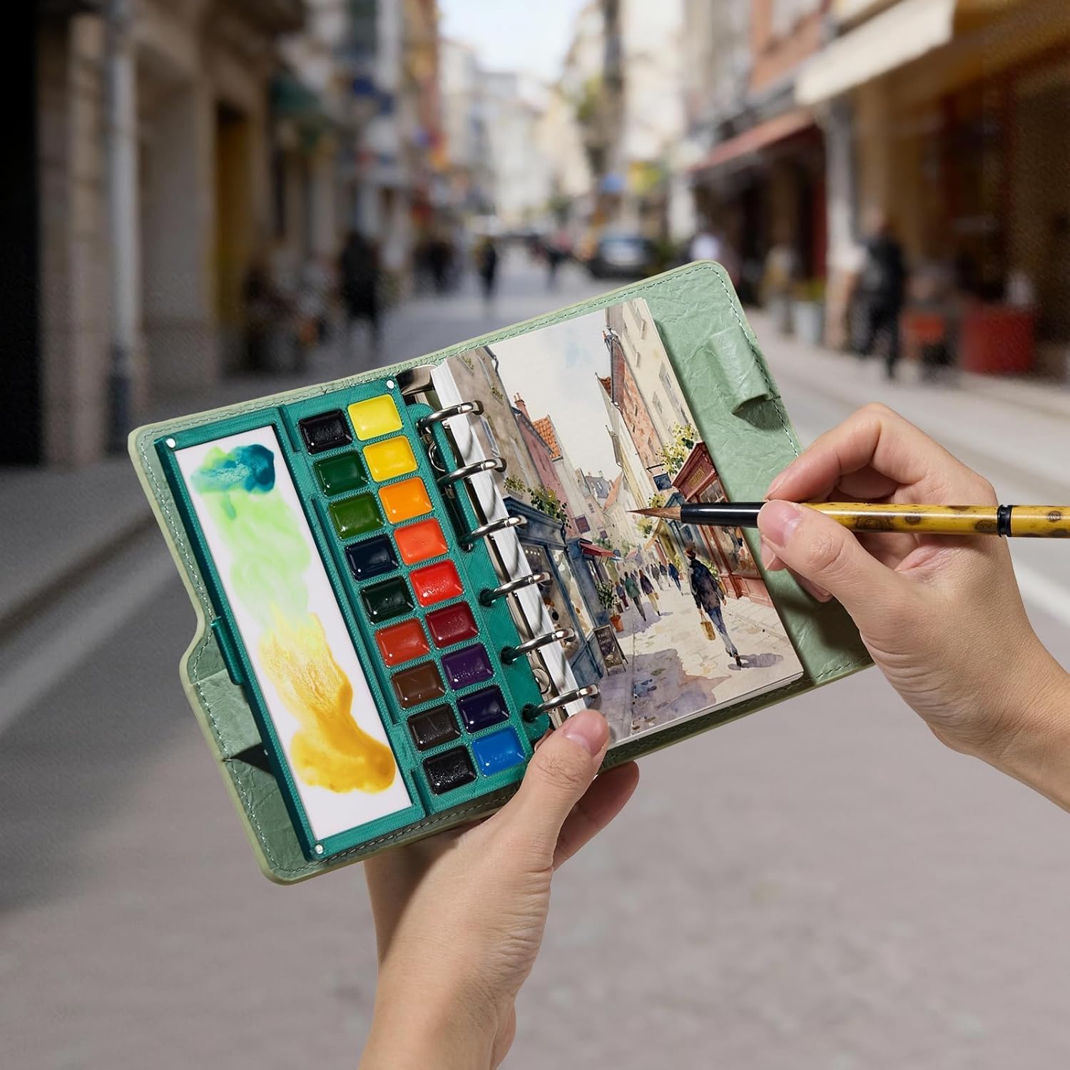 Portable Watercolor Sketchbook Set - 100% Cotton 5.1x3.0 Inch Hot Press 20 Sheets Binder Art Journal with 18-Well Ceramic Paint Palette & Travel Watercolor Brushes for Artists Outdoor Painting