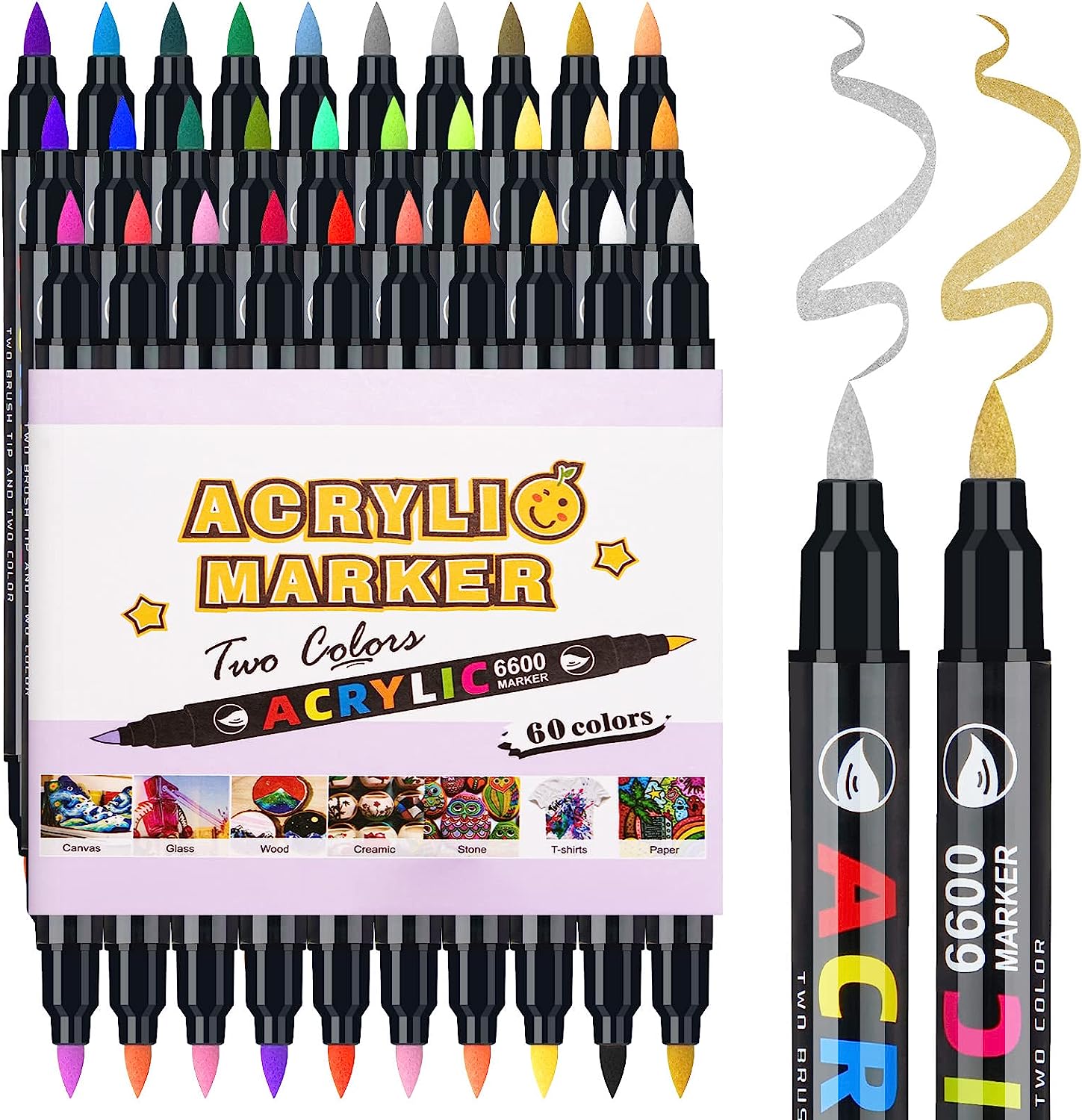 Lightwish 60 Colors Acrylic Paint Pens, Dual Brush Tip & Two Colors Acrylic Paint Markers