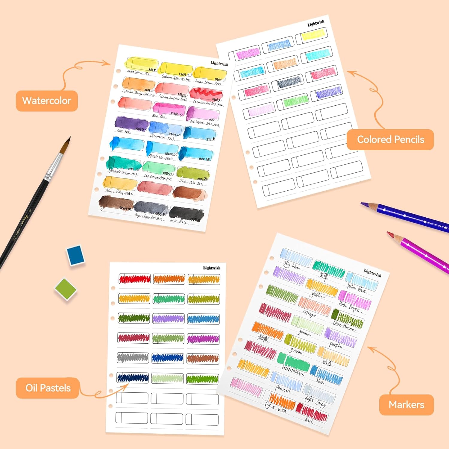 Lightwish Watercolor Swatch Paper Bulk - 100% Cotton Hot Press 300gsm/140lb, 2 Pack Total 40 Sheets 24 Spaces A5 Hole-Punched Replaceable Paper for Watercolor, Gouache, Oil Pastels,5.8 * 8.2 Inches