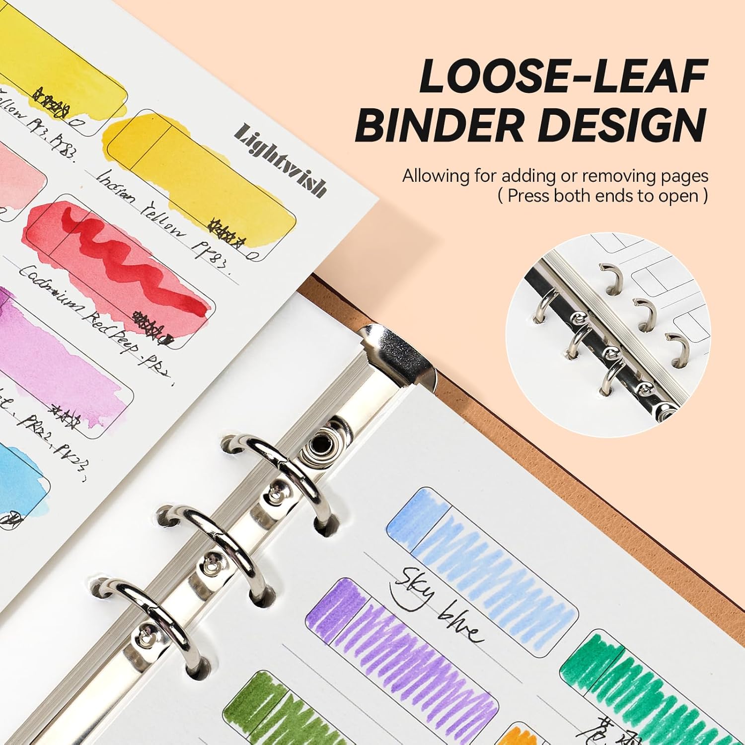 Lightwish Watercolor Swatch Book - 20 Detachable 100% Cotton Sheets 24 Spaces,5.8 * 8.2 in,300gsm/140lb Hot Press for Watercolor, Gouache, Oil Pastels - Loose-Leaf Binder Color Testing Journal