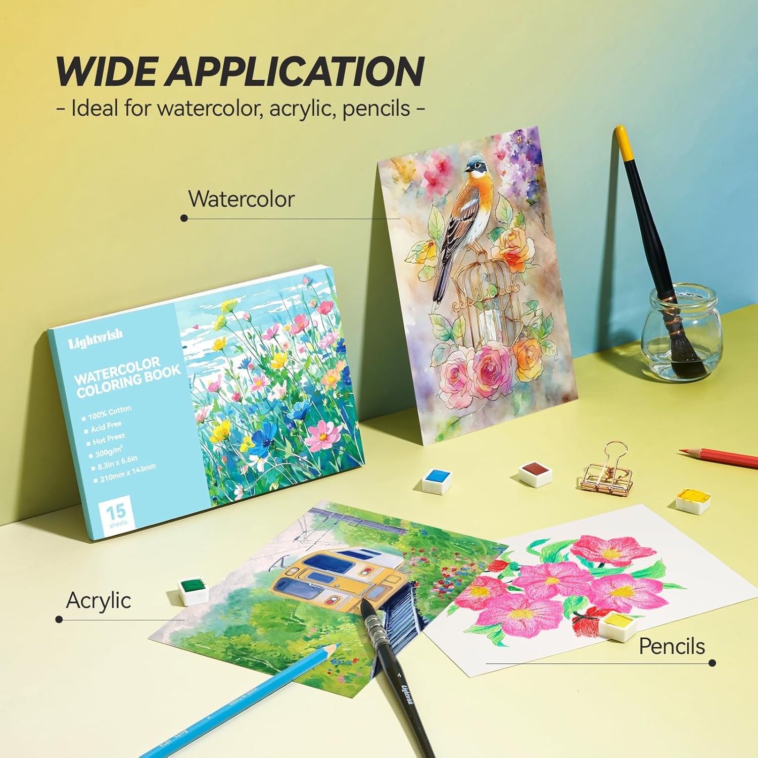 Lightwish Watercolor Coloring Book for Adults & Beginners, 100% Cotton 300gsm/140lb Acid-Free Hot Press Paper, 8.3 x 5.6 Inches, 15 Sheets, Floral-Themed