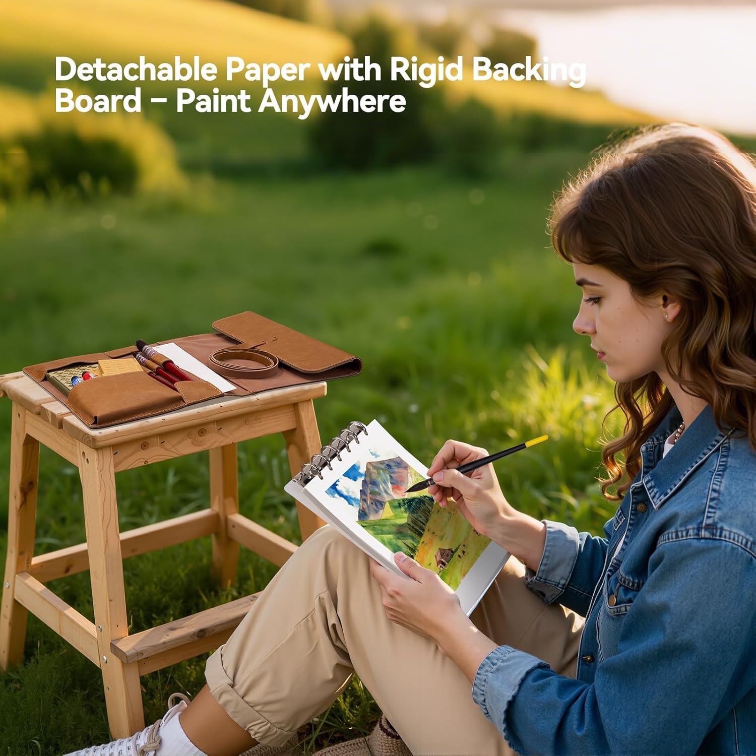 LIGHTWISH Watercolor Pad - A5 20 Sheets 100% Cotton 300GSM Cold Press Paper | Detachable with Backing Board | All-in-One Travel Watercolor Journal with Brush Holders & Storage Pockets