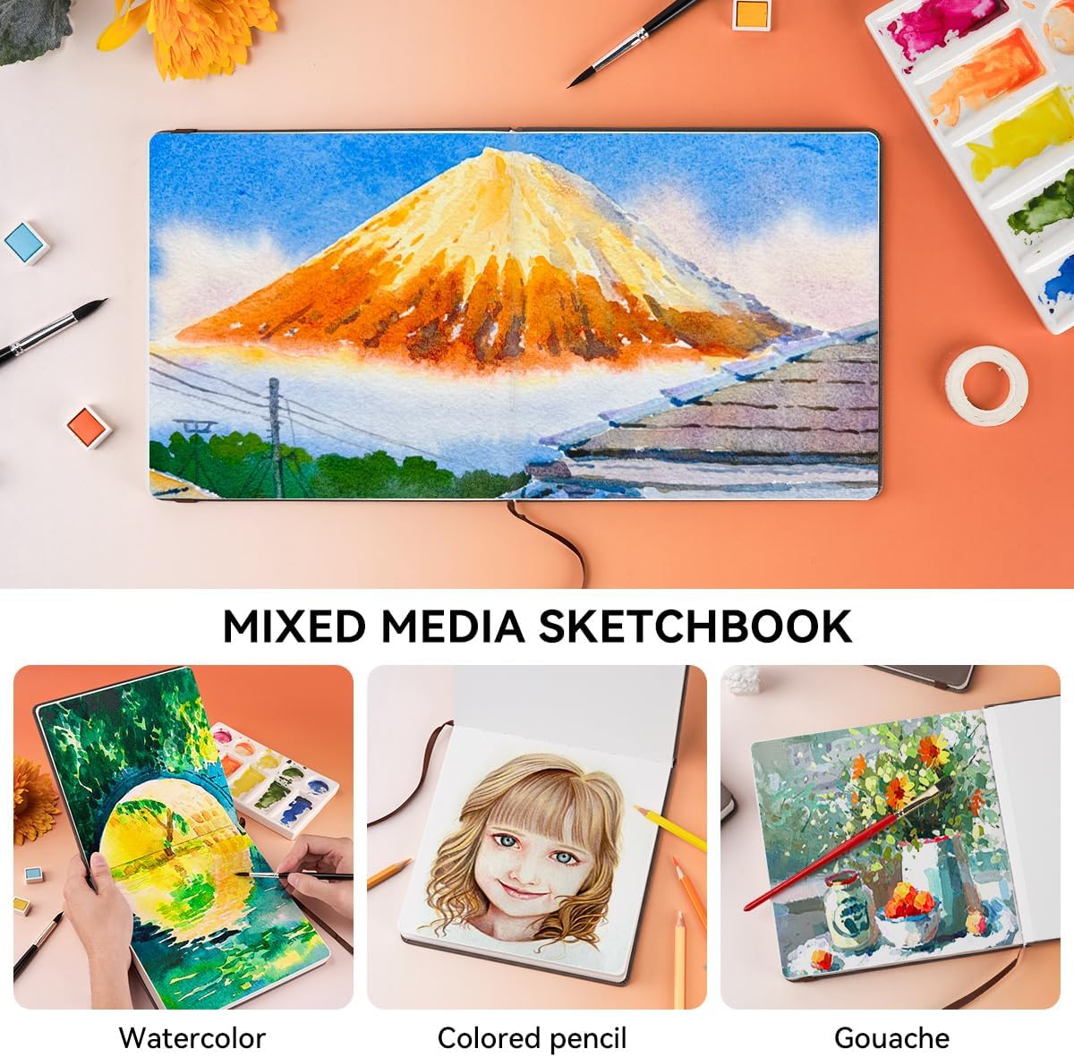 Lightwish Square Watercolor Journal, 100% Cotton Cold Press Watercolor Paper Sketchbook 7.48”x 7.48”, 20 Sheets (140lb/300gsm), Acid-Free for Watercolors, Gouache, Acrylics