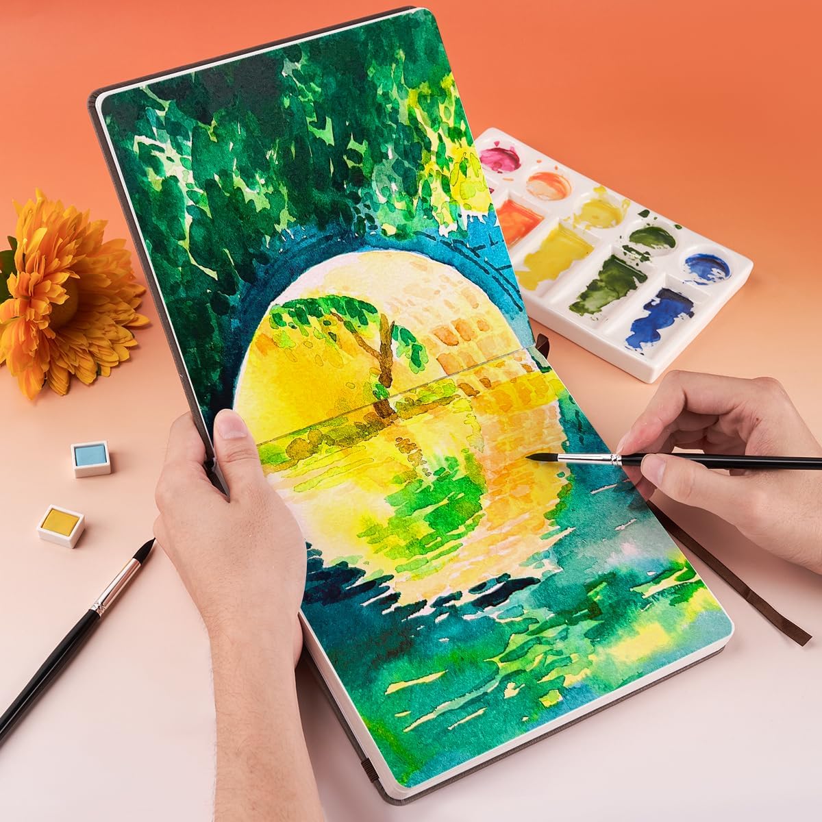 Lightwish Square Watercolor Journal, 100% Cotton Cold Press Watercolor Paper Sketchbook 7.48”x 7.48”, 20 Sheets (140lb/300gsm), Acid-Free for Watercolors, Gouache, Acrylics