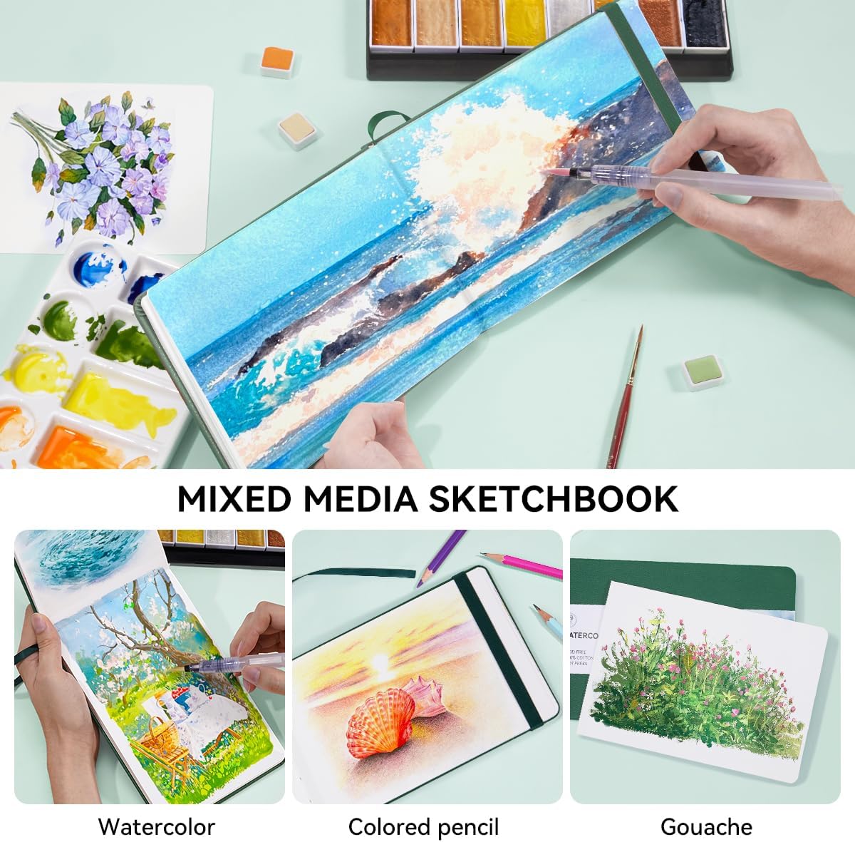 Lightwish Watercolor Journal, 100% Cotton Hot Press Art Supplies Watercolor Paper7.6” x 5.1”, 20 Sheets (140lb/300gsm), Acid-Free for Watercolors, Gouache, Acrylics