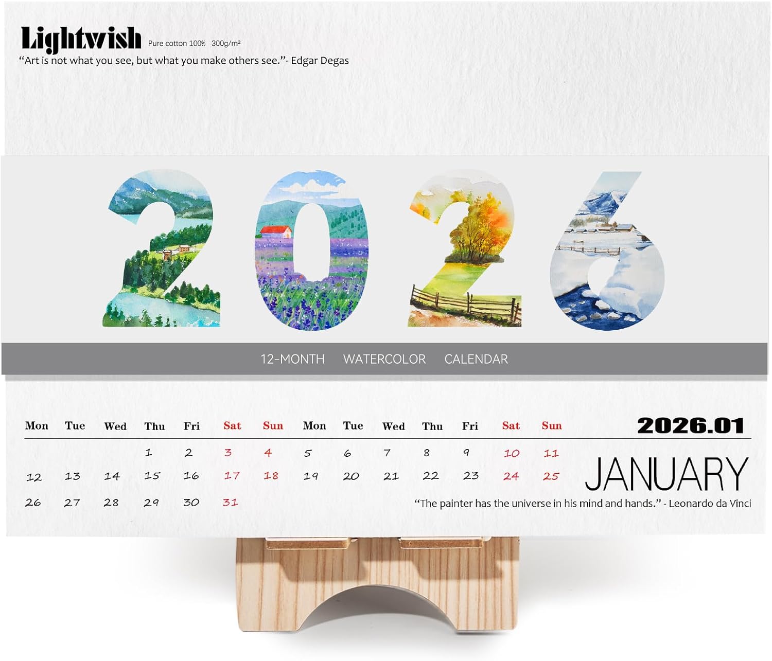 Lightwish Watercolor Calendar Paper for 2026, 100% Cotton, 12 Sheets, 140lb/300gsm, Acid-Free Cold Pressed Watercolor Paper, Art Supplies for Watercolor Crafts and DIY Media