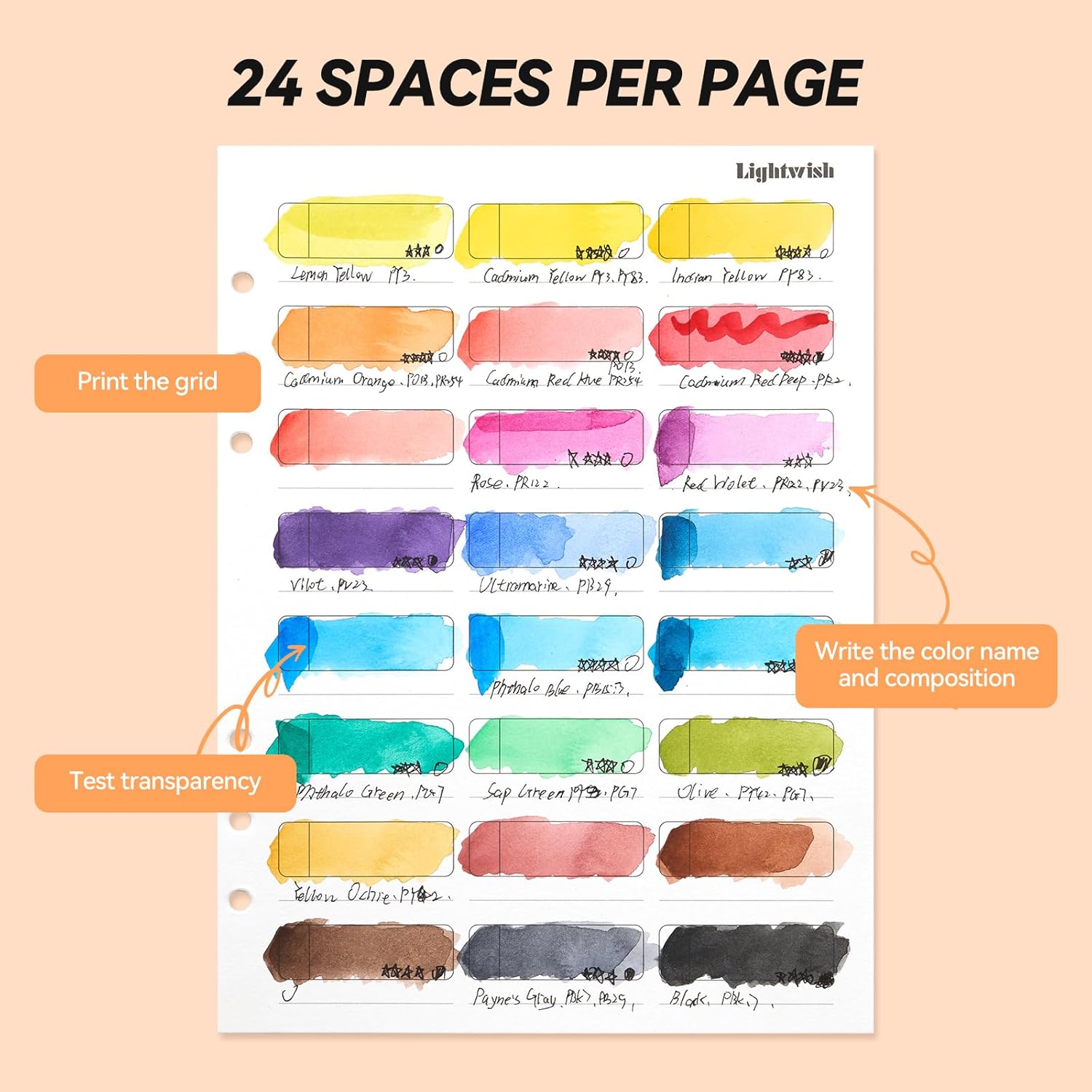Lightwish Watercolor Swatch Book - 20 Detachable 100% Cotton Sheets 24 Spaces,5.8 * 8.2 in,300gsm/140lb Hot Press for Watercolor, Gouache, Oil Pastels - Loose-Leaf Binder Color Testing Journal