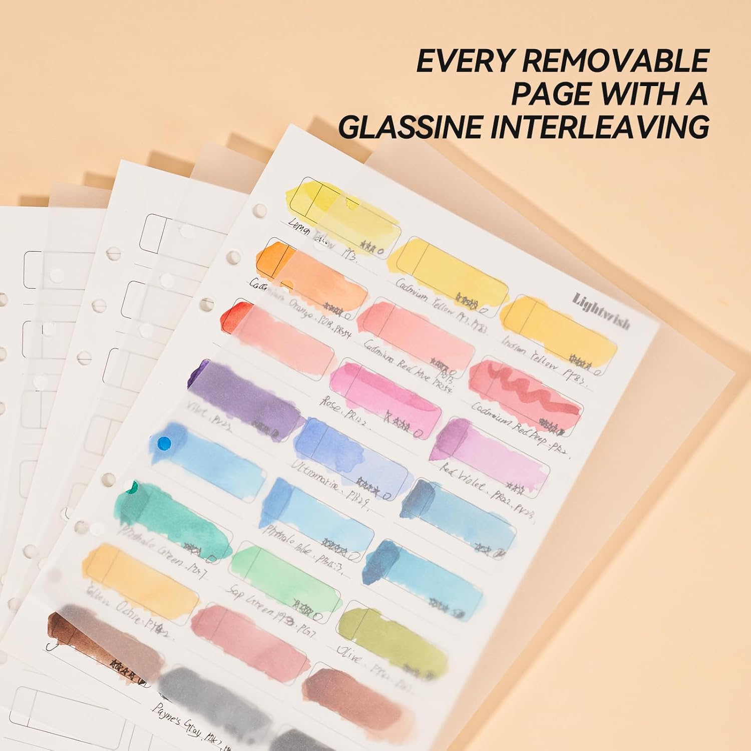 Lightwish Watercolor Swatch Paper Bulk - 100% Cotton Hot Press 300gsm/140lb, 2 Pack Total 40 Sheets 24 Spaces A5 Hole-Punched Replaceable Paper for Watercolor, Gouache, Oil Pastels,5.8 * 8.2 Inches