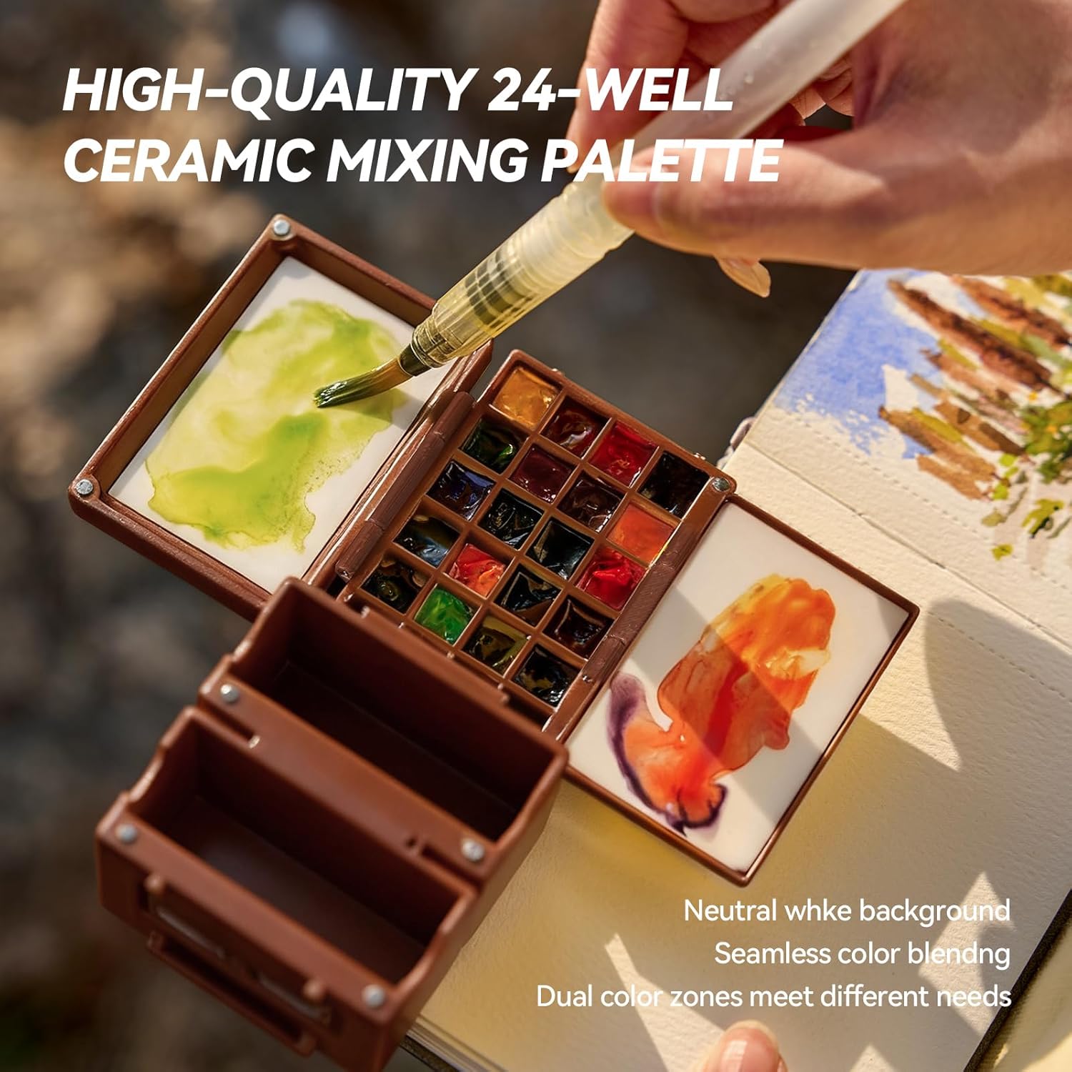 LIGHTWISH Travel Watercolor Set, 24 Colors Full Portable Painting Kit with Water Brush, Watercolor Journal, Ceramic Palette & View Finder - Complete Sketching Supplies for Artists & Beginners Outdoor