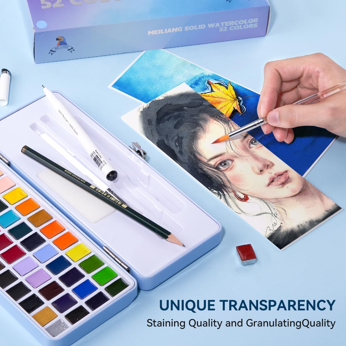 MeiLiang Watercolor Paint Set 52 Colors in Half Pans with accessories (Blue box)