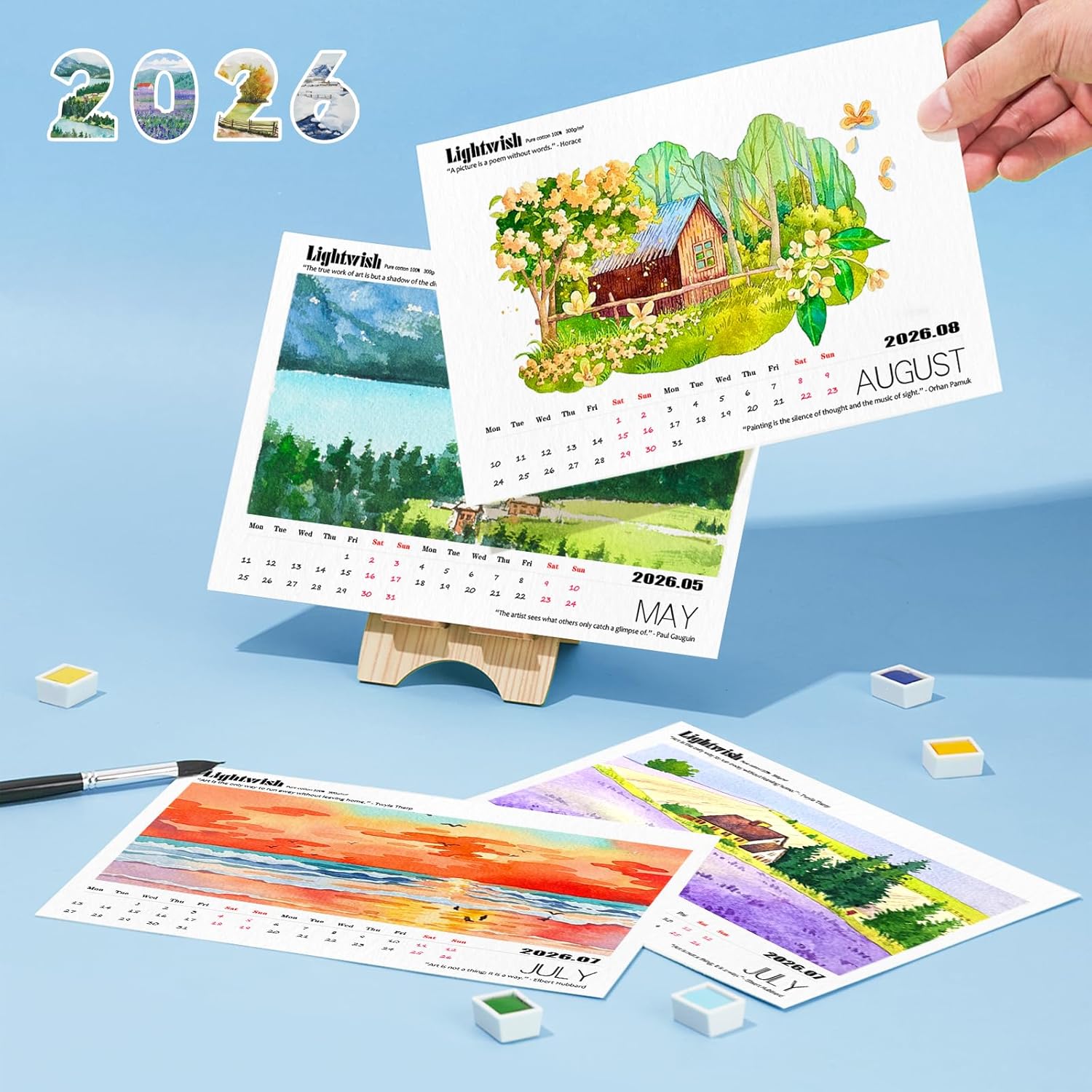 Lightwish Watercolor Calendar Paper for 2026, 100% Cotton, 12 Sheets, 140lb/300gsm, Acid-Free Cold Pressed Watercolor Paper, Art Supplies for Watercolor Crafts and DIY Media