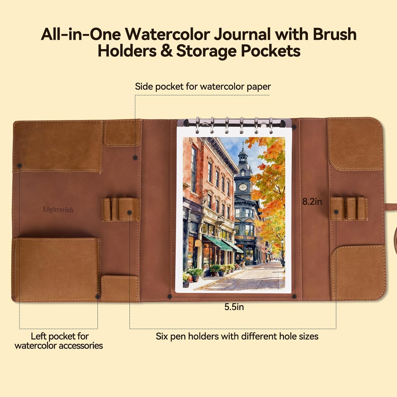 LIGHTWISH Watercolor Pad - A5 20 Sheets 100% Cotton 300GSM Cold Press Paper | Detachable with Backing Board | All-in-One Travel Watercolor Journal with Brush Holders & Storage Pockets