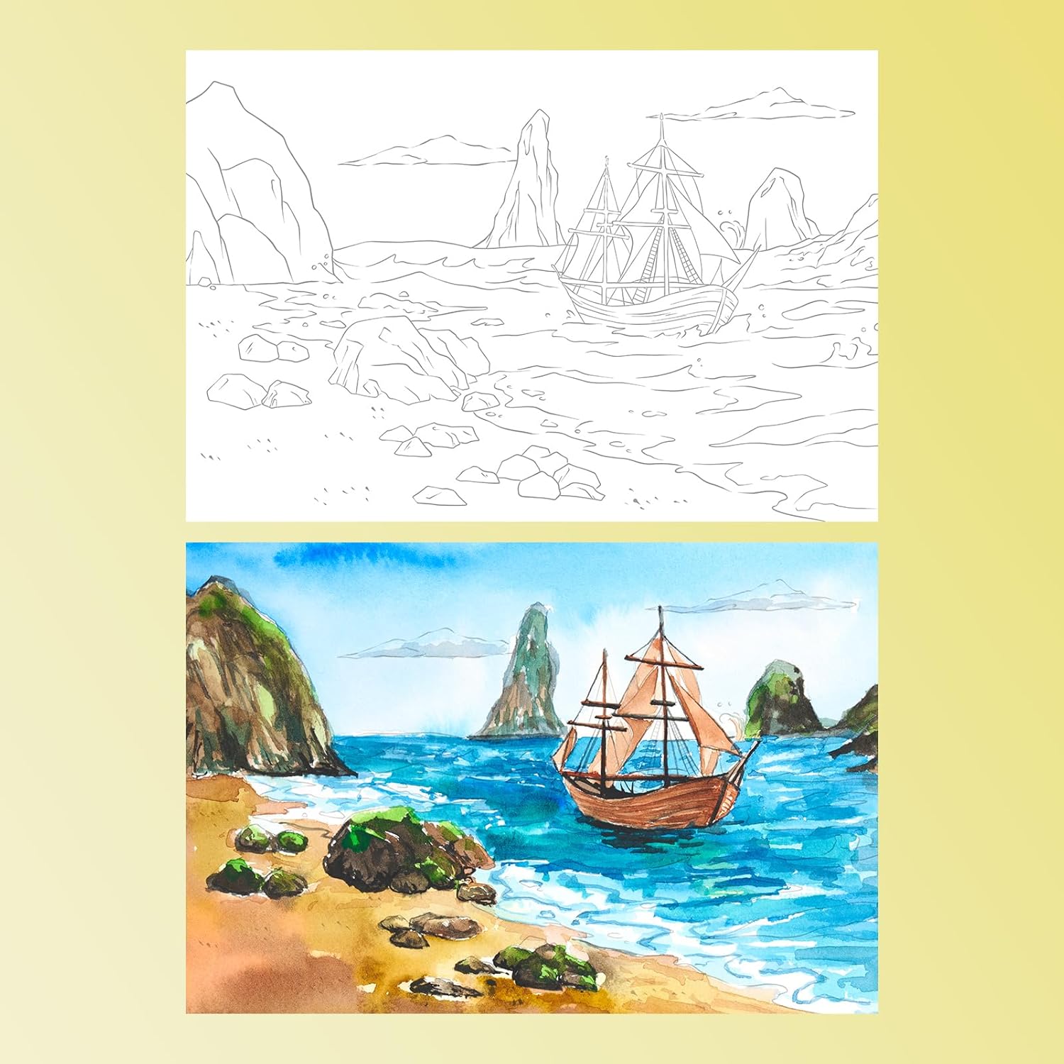 Lightwish Watercolor Coloring Book for Adults & Beginners,100% Cotton 300gsm/140lb Acid-Free Hot Press Paper, 8.3 x 5.6 Inches,15 Sheets,Landscape-Themed