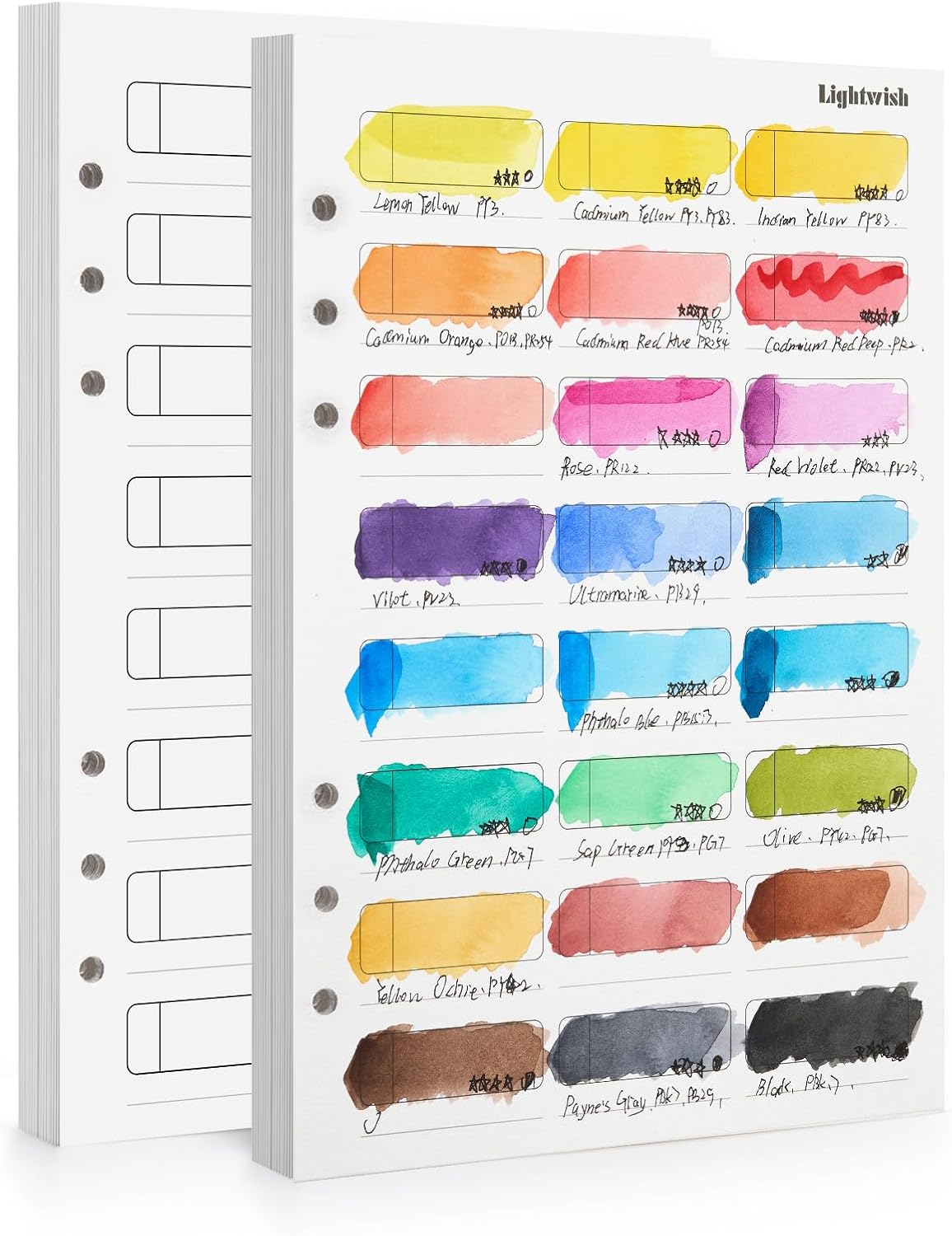 Lightwish Watercolor Swatch Paper Bulk - 100% Cotton Hot Press 300gsm/140lb, 2 Pack Total 40 Sheets 24 Spaces A5 Hole-Punched Replaceable Paper for Watercolor, Gouache, Oil Pastels,5.8 * 8.2 Inches