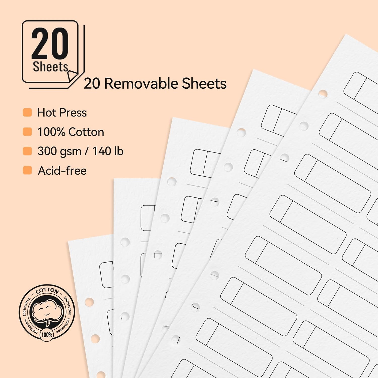 Lightwish Watercolor Swatch Book - 20 Detachable 100% Cotton Sheets 24 Spaces,5.8 * 8.2 in,300gsm/140lb Hot Press for Watercolor, Gouache, Oil Pastels - Loose-Leaf Binder Color Testing Journal