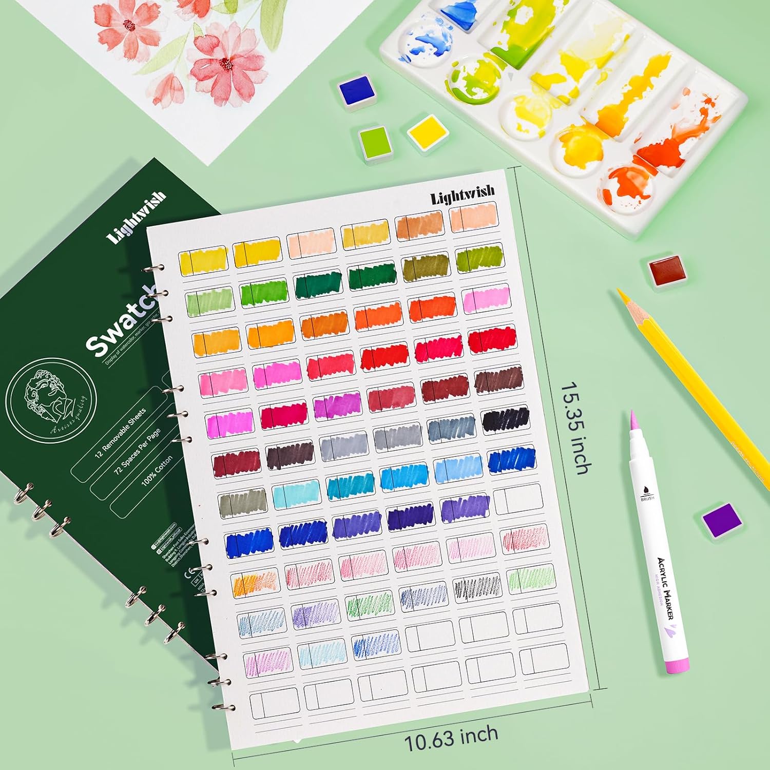Lightwish Watercolor Swatch Book - 12 Detachable Sheets 100% Cotton 72 Spaces,15.35 * 10.63 in,300gsm/140lb Cold Press for Watercolor, Gouache, Oil Pastels - Spiral-Bound Color Testing Journal