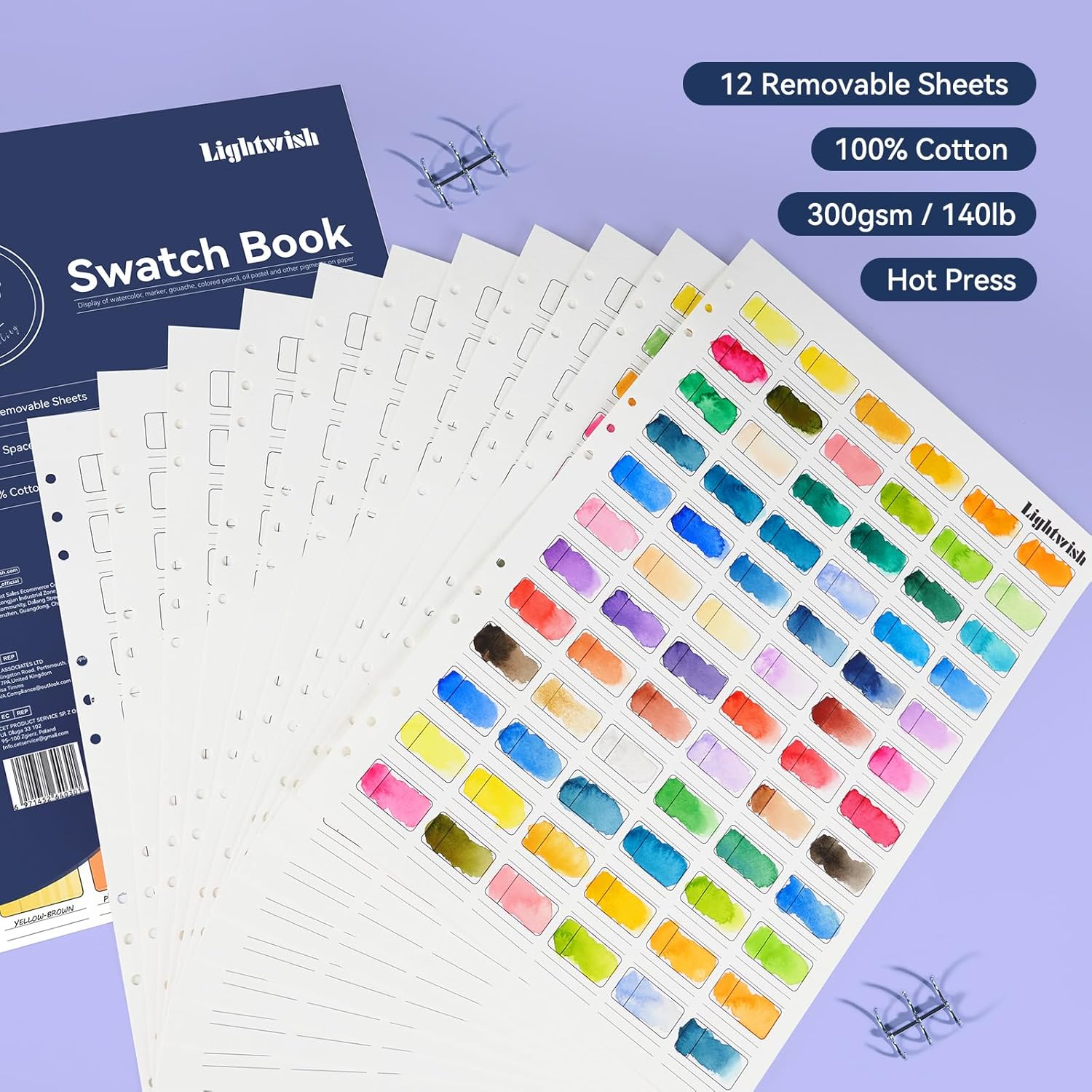 Lightwish Watercolor Swatch Book - 12 Detachable Sheets 100% Cotton 72 Spaces,15.35 * 10.63 in,300gsm/140lb Hot Press for Watercolor, Gouache, Oil Pastels - Spiral-Bound Color Testing Journal