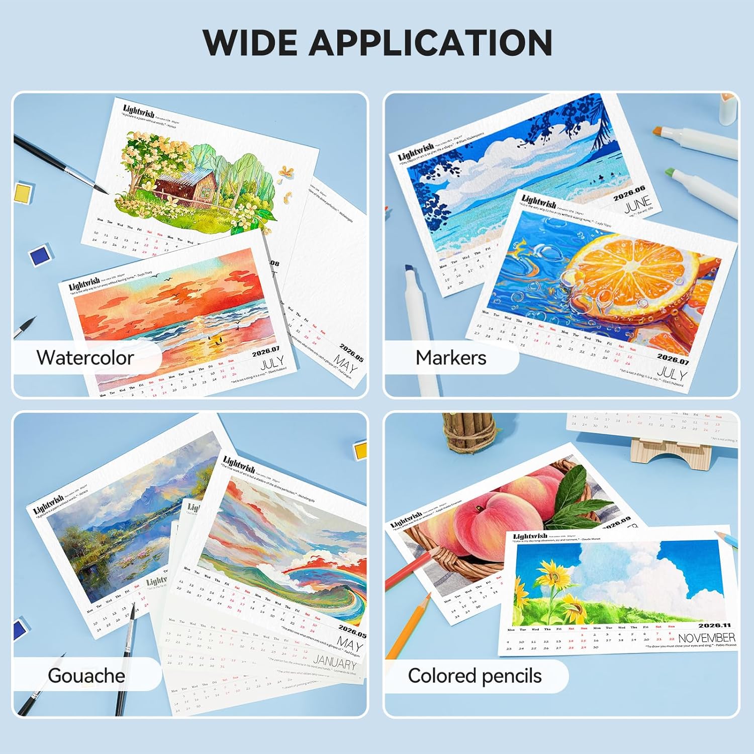 Lightwish Watercolor Calendar Paper for 2026, 100% Cotton, 12 Sheets, 140lb/300gsm, Acid-Free Cold Pressed Watercolor Paper, Art Supplies for Watercolor Crafts and DIY Media