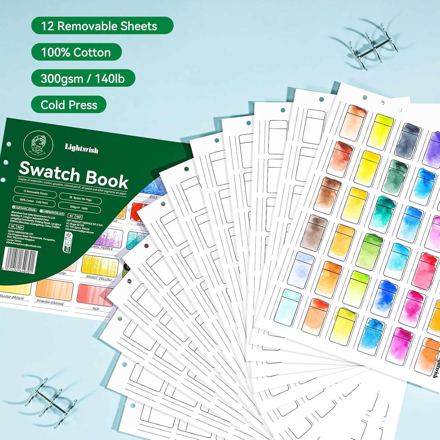 LIGHTWISH Watercolor Swatch Book - 12 Detachable 100% Cotton Sheets 36 Spaces,10.63 * 7.68 in,300gsm/140lb Cold Press for Watercolor, Gouache, Oil Pastels - Spiral-Bound Color Testing Journal