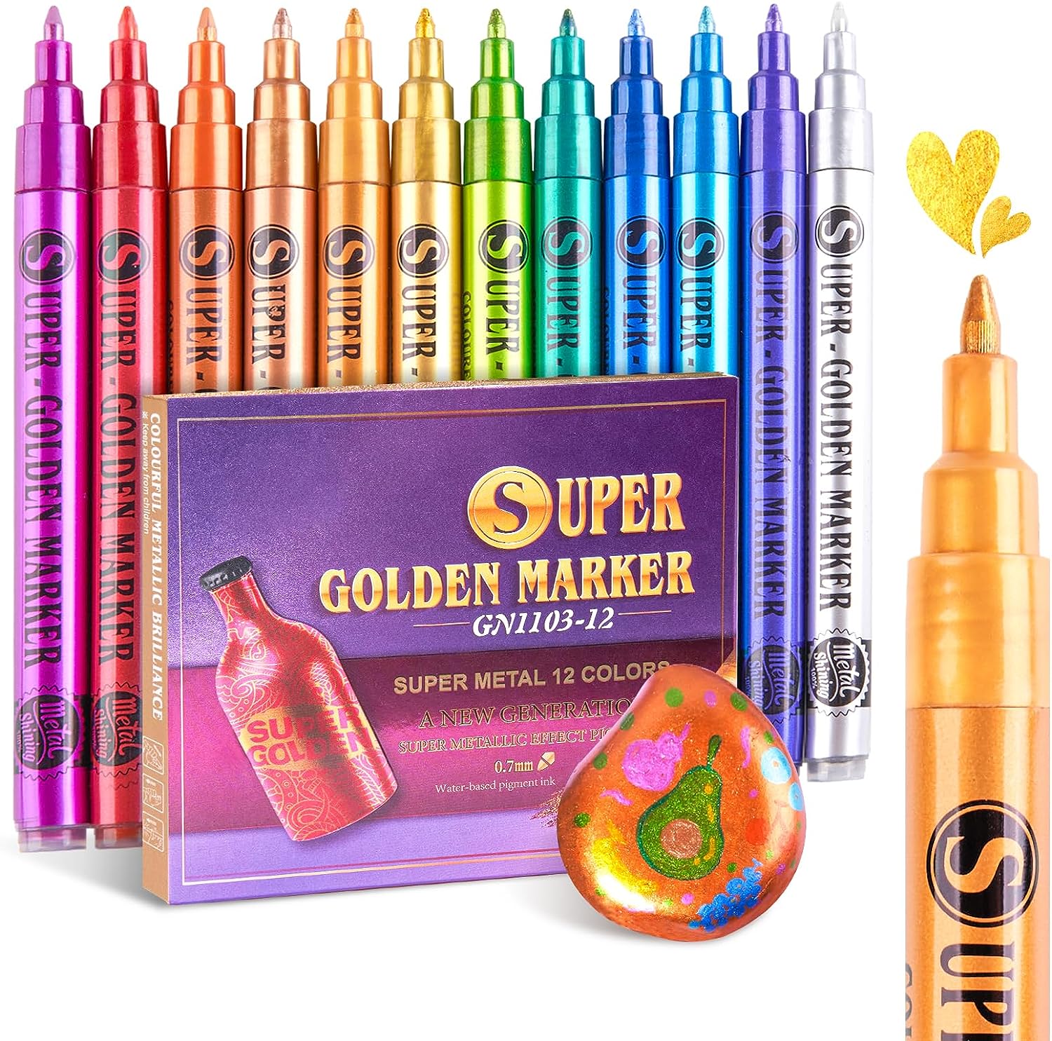 A collection of gold markers for creating colorful artwork