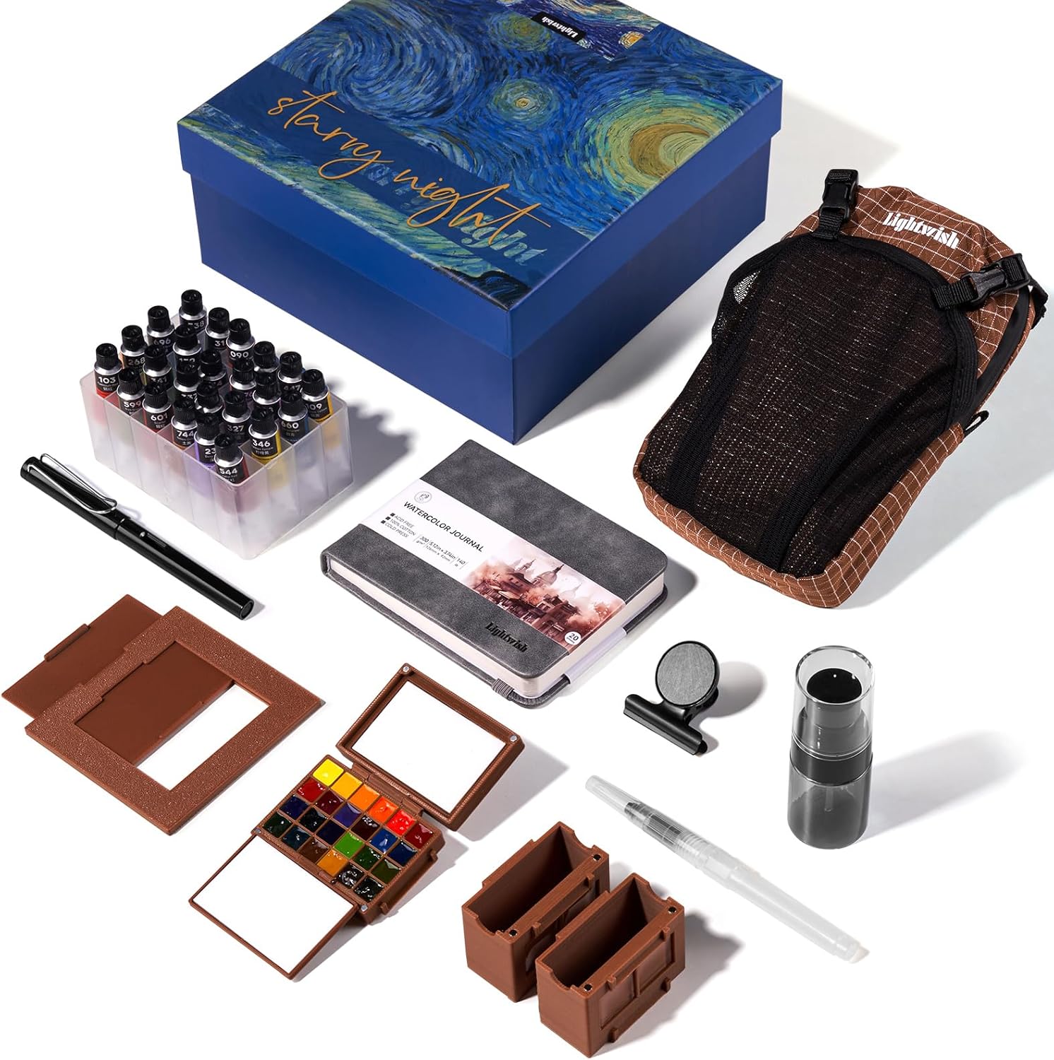LIGHTWISH Travel Watercolor Set, 24 Colors Full Portable Painting Kit with Water Brush, Watercolor Journal, Ceramic Palette & View Finder - Complete Sketching Supplies for Artists & Beginners Outdoor