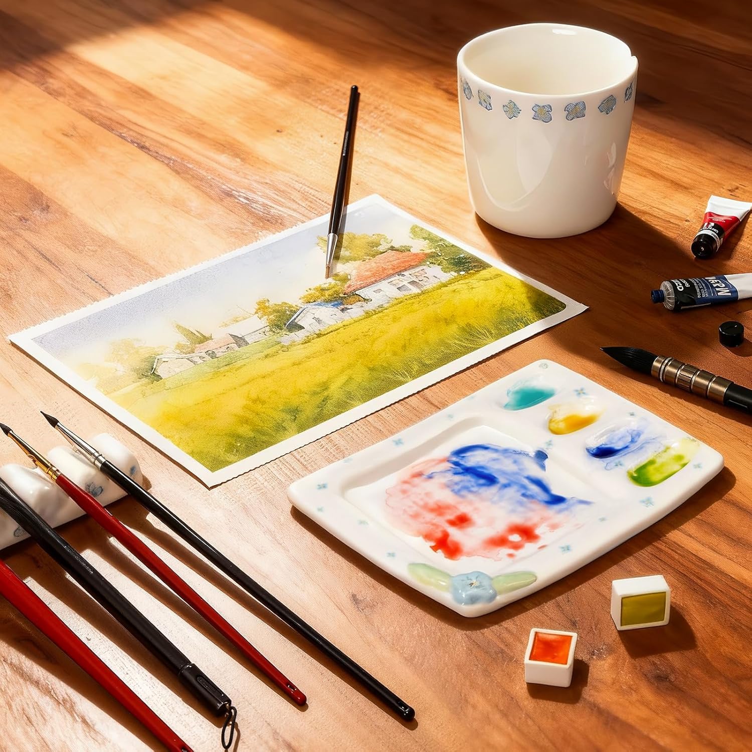 Handmade ceramic paint palette set, artist's ceramic watercolor palette, brush holder and paint cups