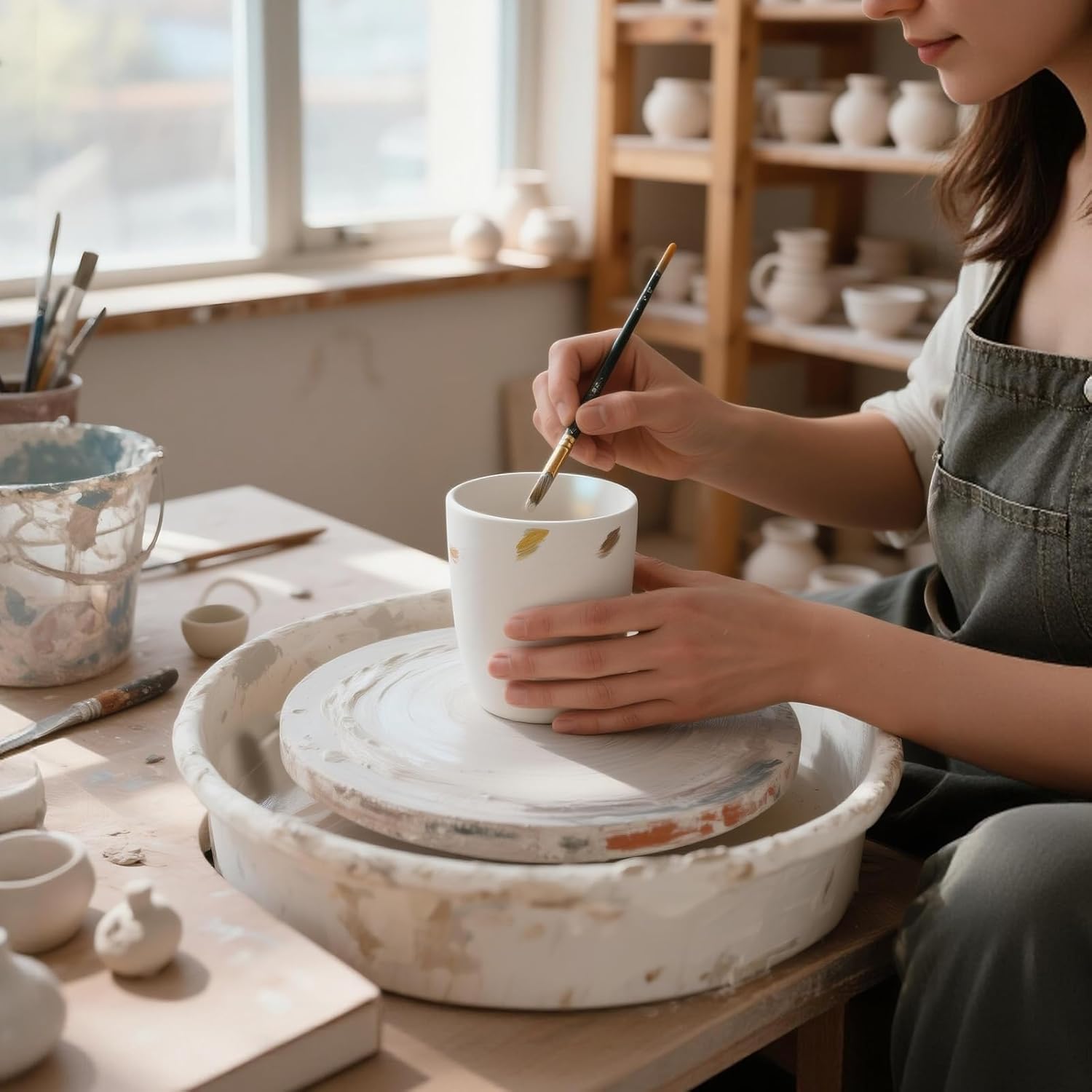 Handmade ceramic paint palette set, artist's ceramic watercolor palette, brush holder and paint cups