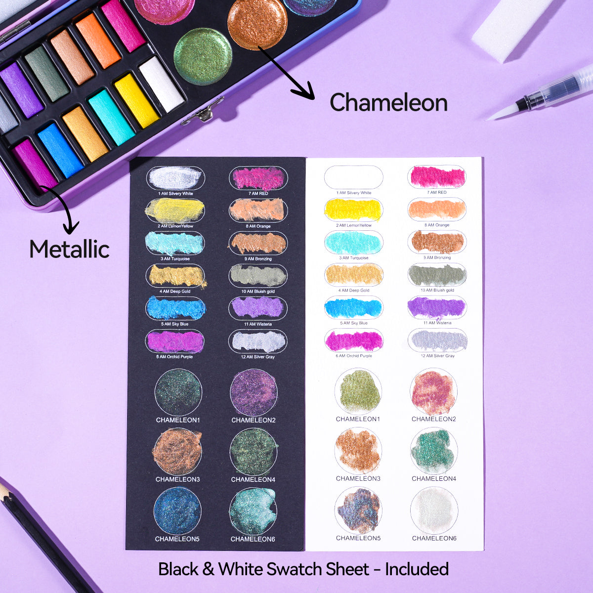 FARBCLUB watercolor paint set, 18 colors glitter watercolor paint, portable travel watercolor paint set with watercolor pens, pencils, watercolor paper