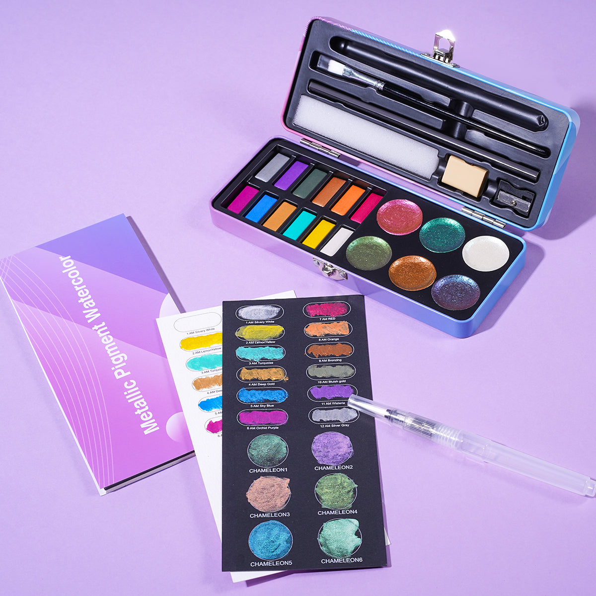 FARBCLUB watercolor paint set, 18 colors glitter watercolor paint, portable travel watercolor paint set with watercolor pens, pencils, watercolor paper