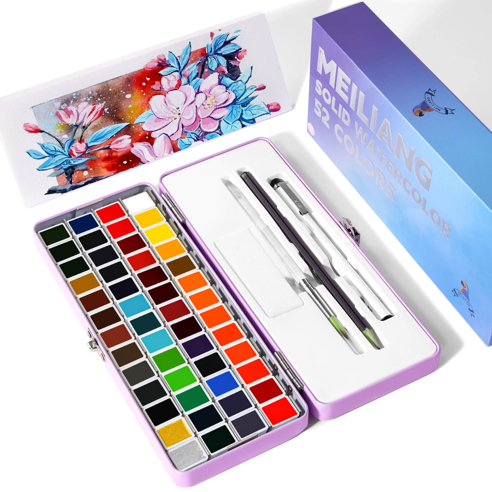 MeiLiang Aquarellfarben-Set, 52 Standardfarben (lila Schachtel)